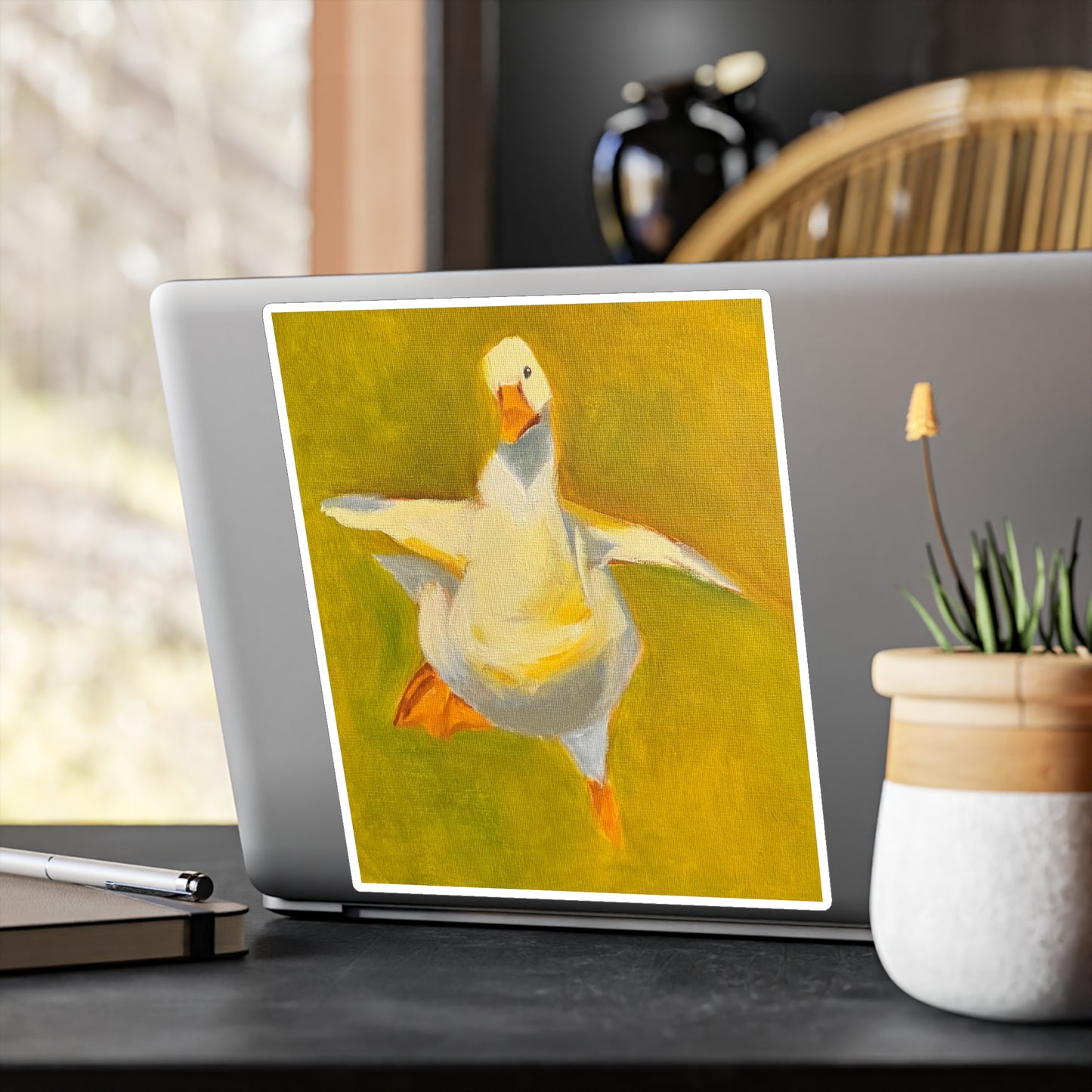 Dancing Goose Kiss-Cut Vinyl Decal — Playful White Duck Sticker for Laptops, Windows & Water Bottles