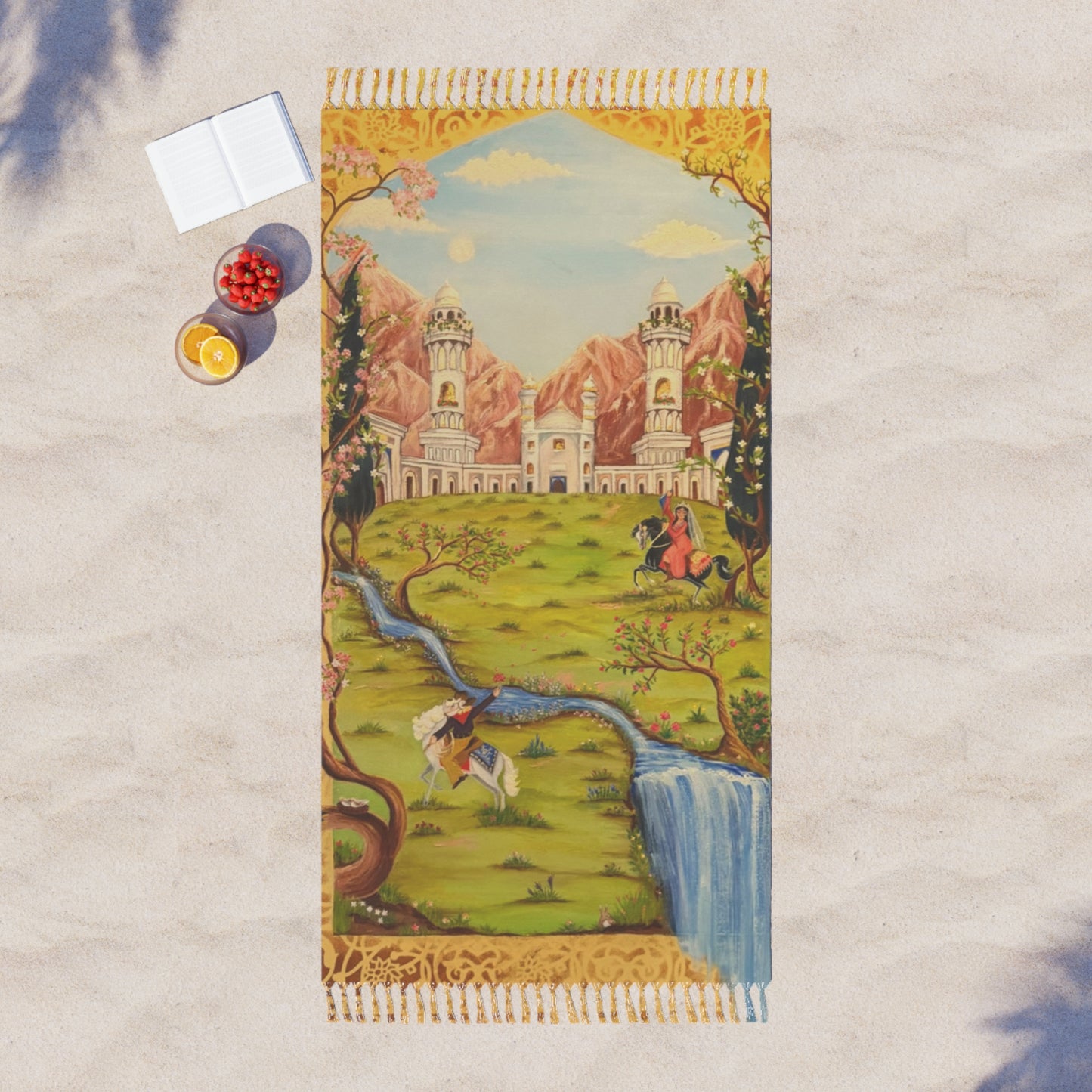Boho Beach Towel — Vintage Castle Scenic Tassel Throw