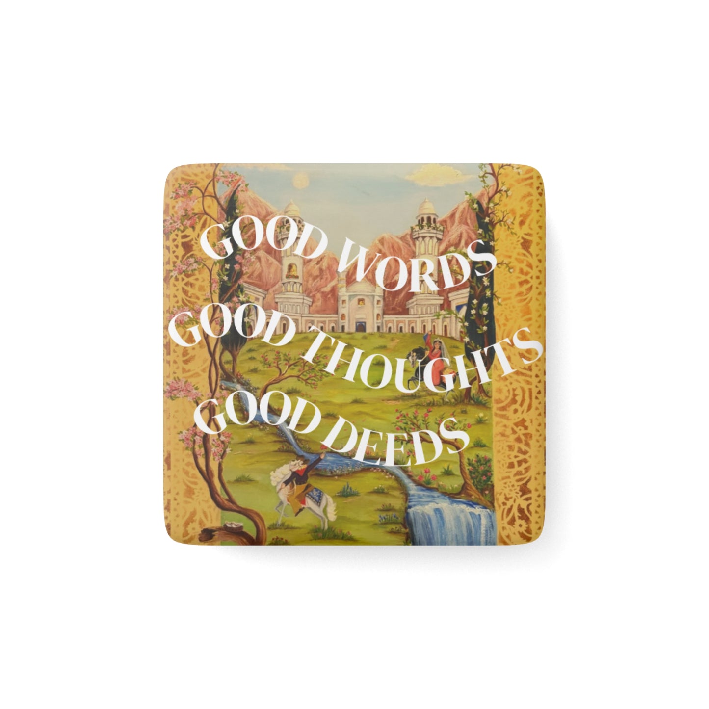 Porcelain Magnet — "Good Words, Good Thoughts, Good Deeds" Vintage Scenic Quote