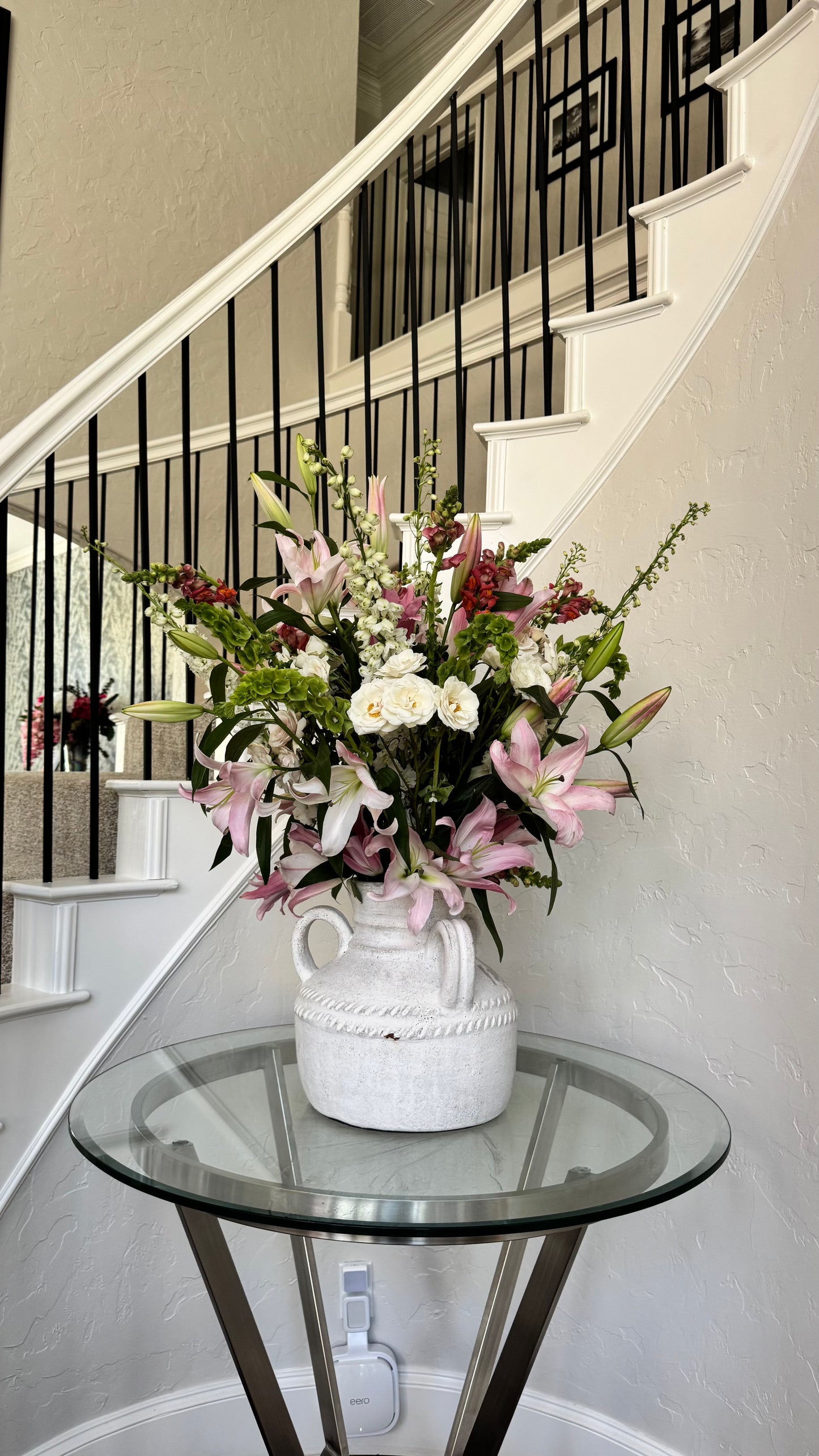 Large Custom Romantic Lilly Floral Arrangement in a Roman Vase