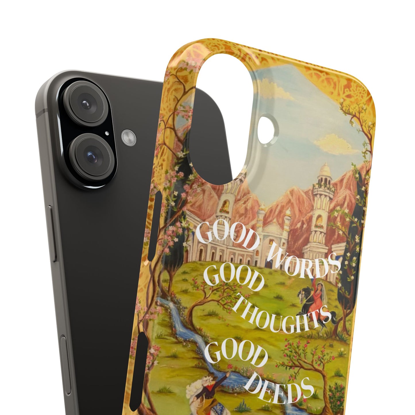 Slim Phone Case — Vintage Nature Scene with "Good Words, Good Thoughts, Good Deeds"