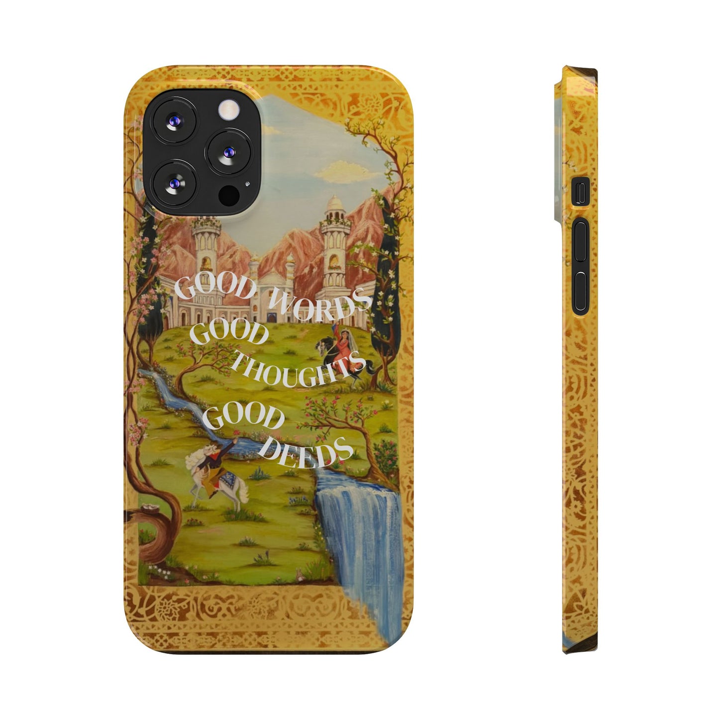 Slim Phone Case — Vintage Nature Scene with "Good Words, Good Thoughts, Good Deeds"