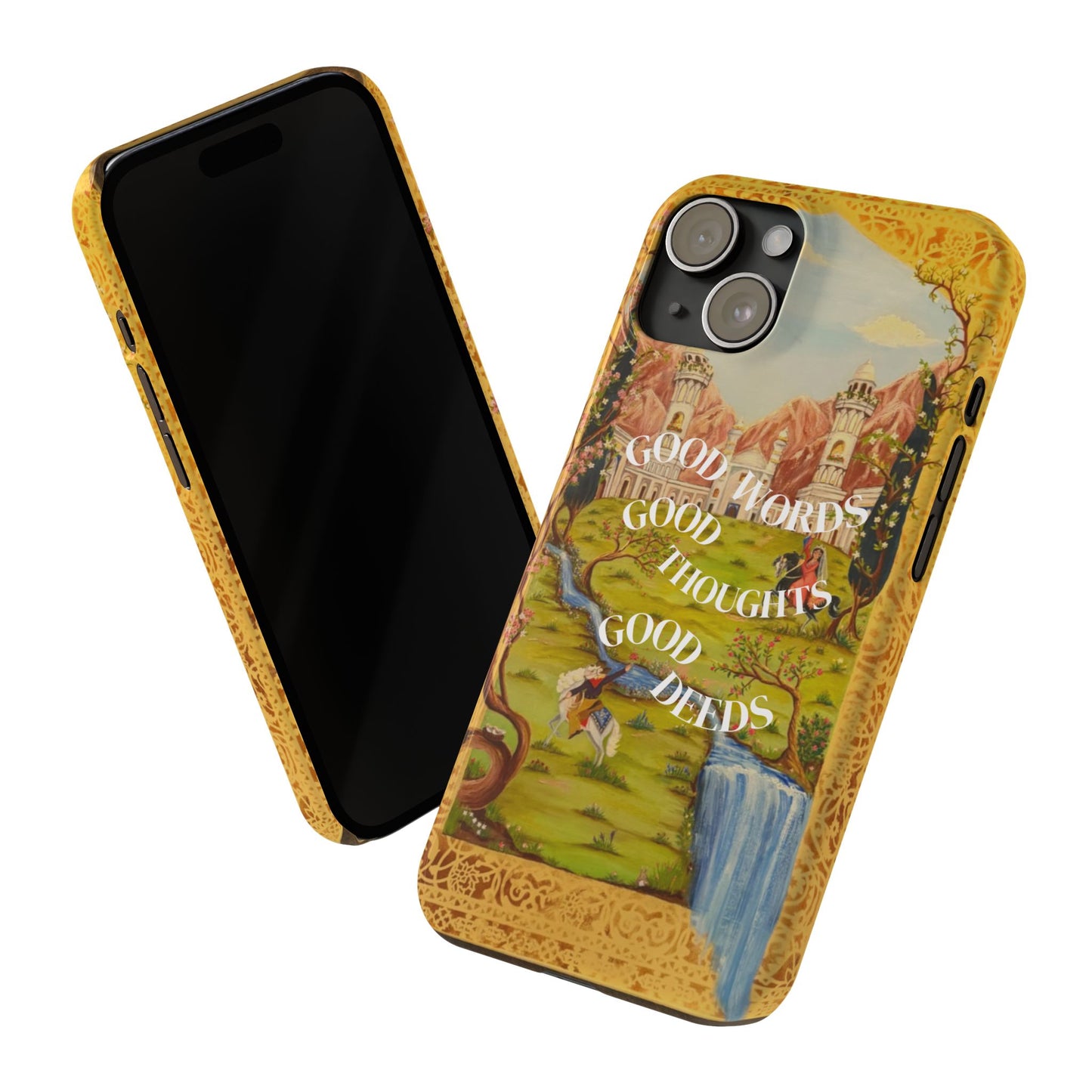 Slim Phone Case — Vintage Nature Scene with "Good Words, Good Thoughts, Good Deeds"