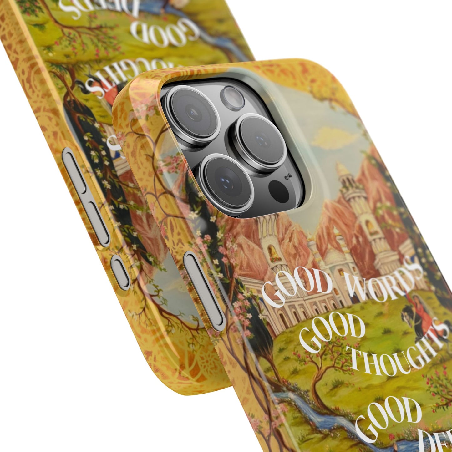 Slim Phone Case — Vintage Nature Scene with "Good Words, Good Thoughts, Good Deeds"