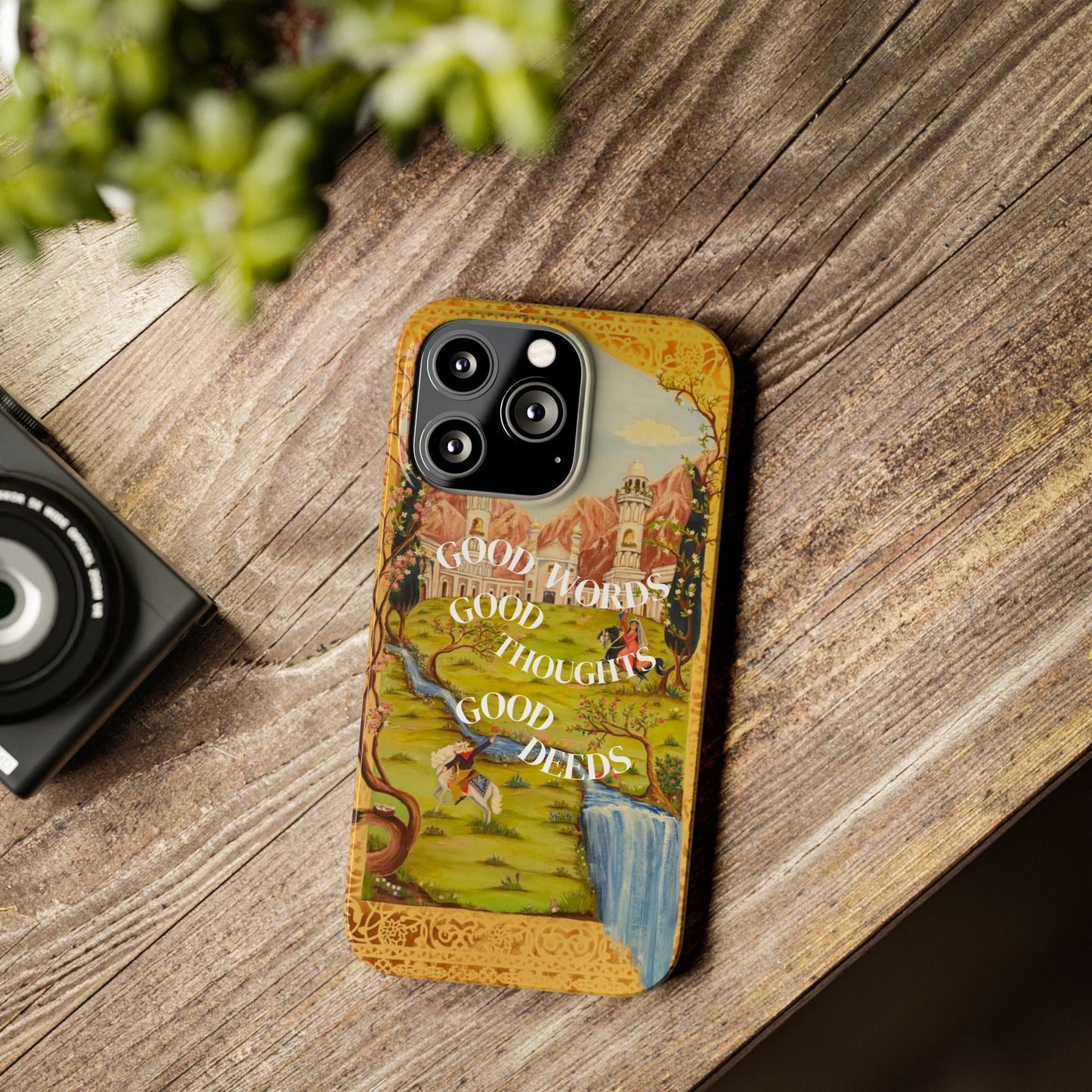 Slim Phone Case — Vintage Nature Scene with "Good Words, Good Thoughts, Good Deeds"