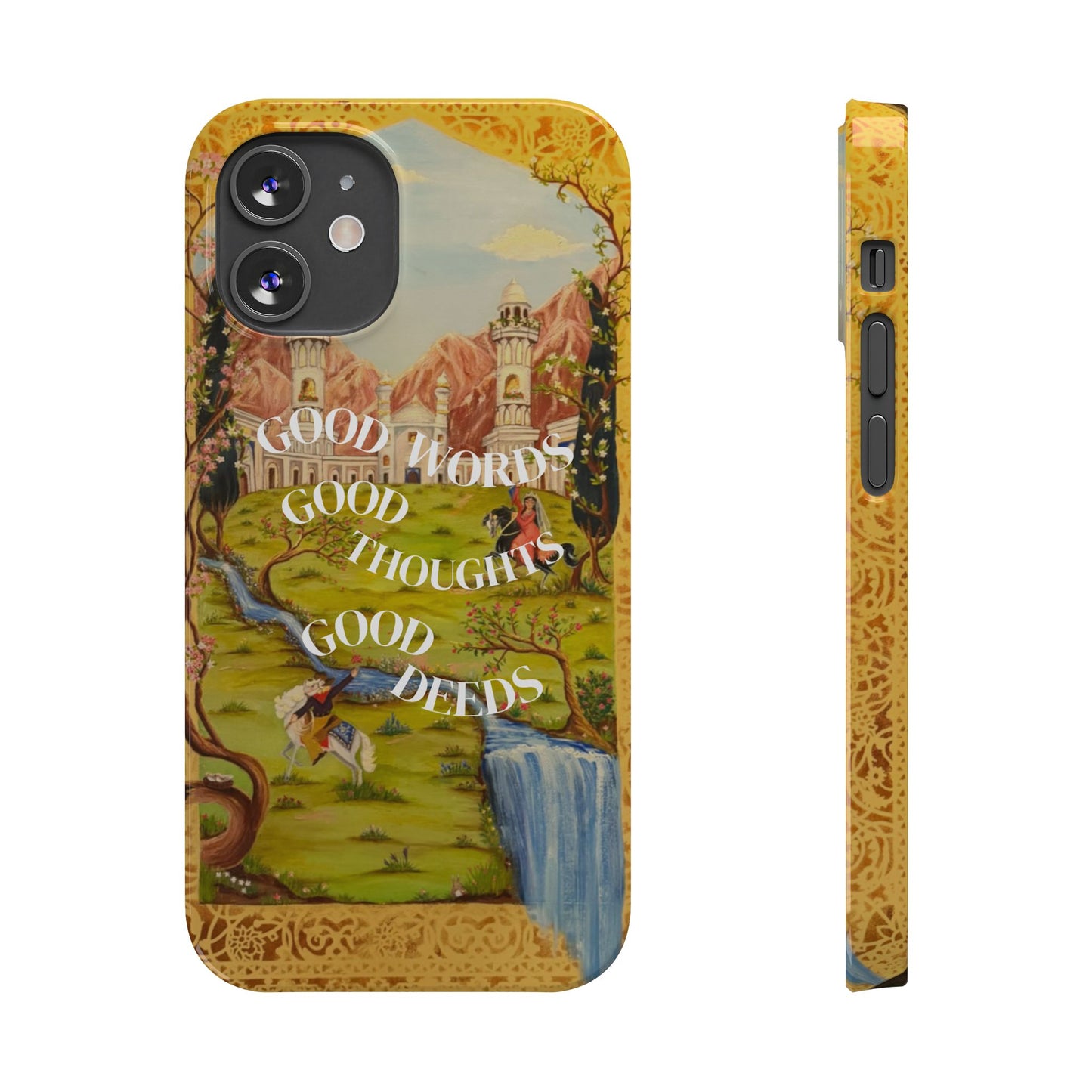 Slim Phone Case — Vintage Nature Scene with "Good Words, Good Thoughts, Good Deeds"
