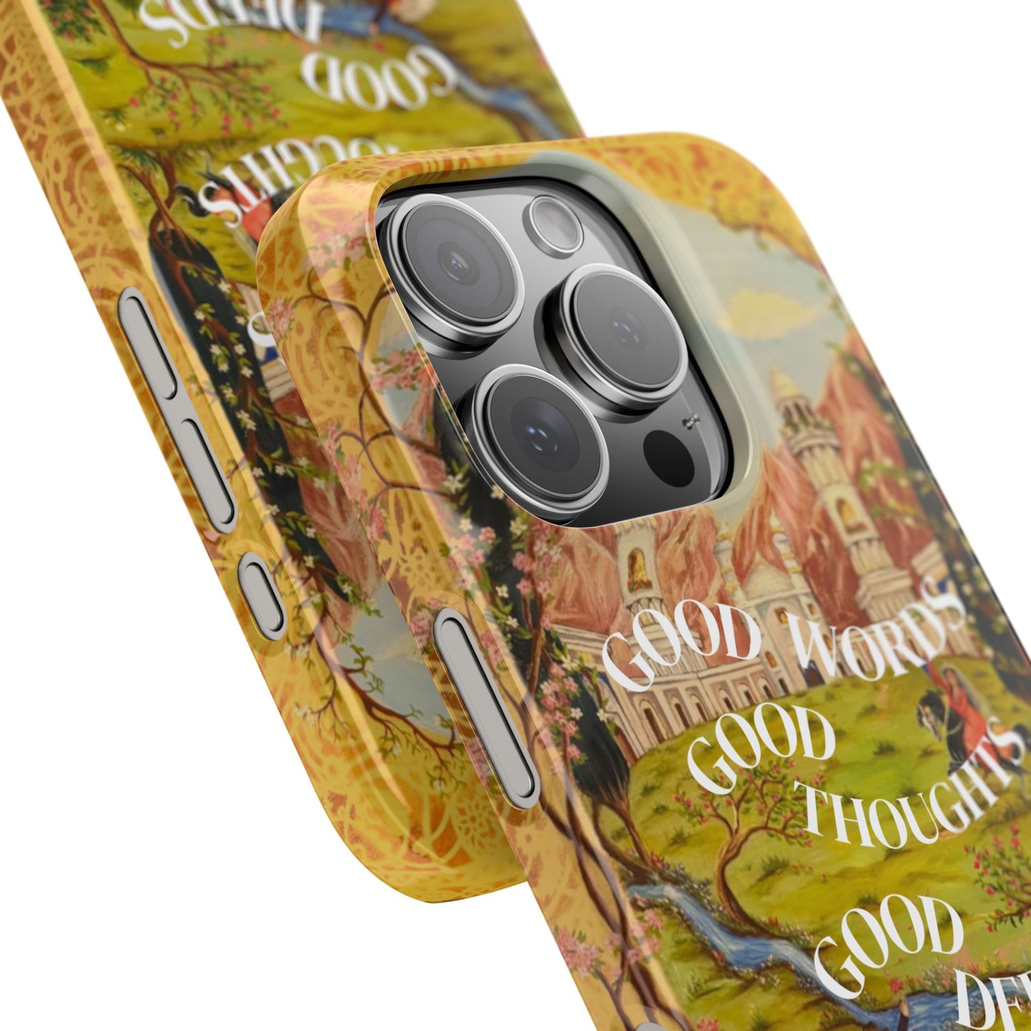 Slim Phone Case — Vintage Nature Scene with "Good Words, Good Thoughts, Good Deeds"