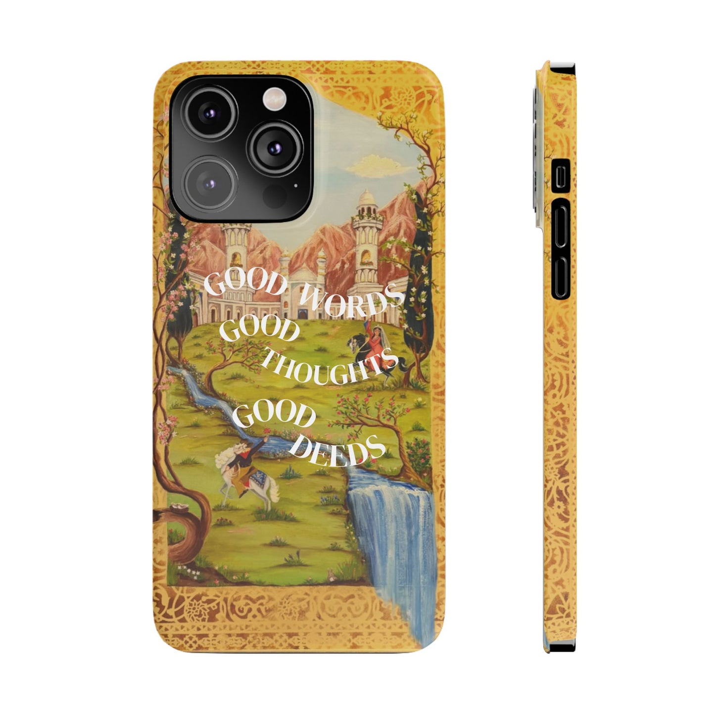 Slim Phone Case — Vintage Nature Scene with "Good Words, Good Thoughts, Good Deeds"
