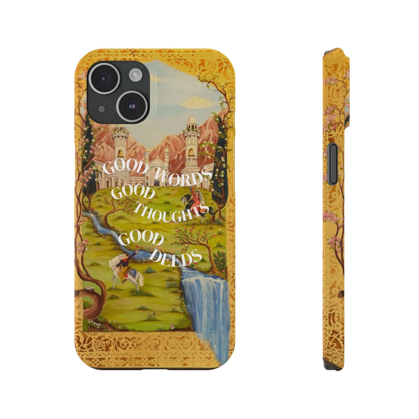 Slim Phone Case — Vintage Nature Scene with "Good Words, Good Thoughts, Good Deeds"