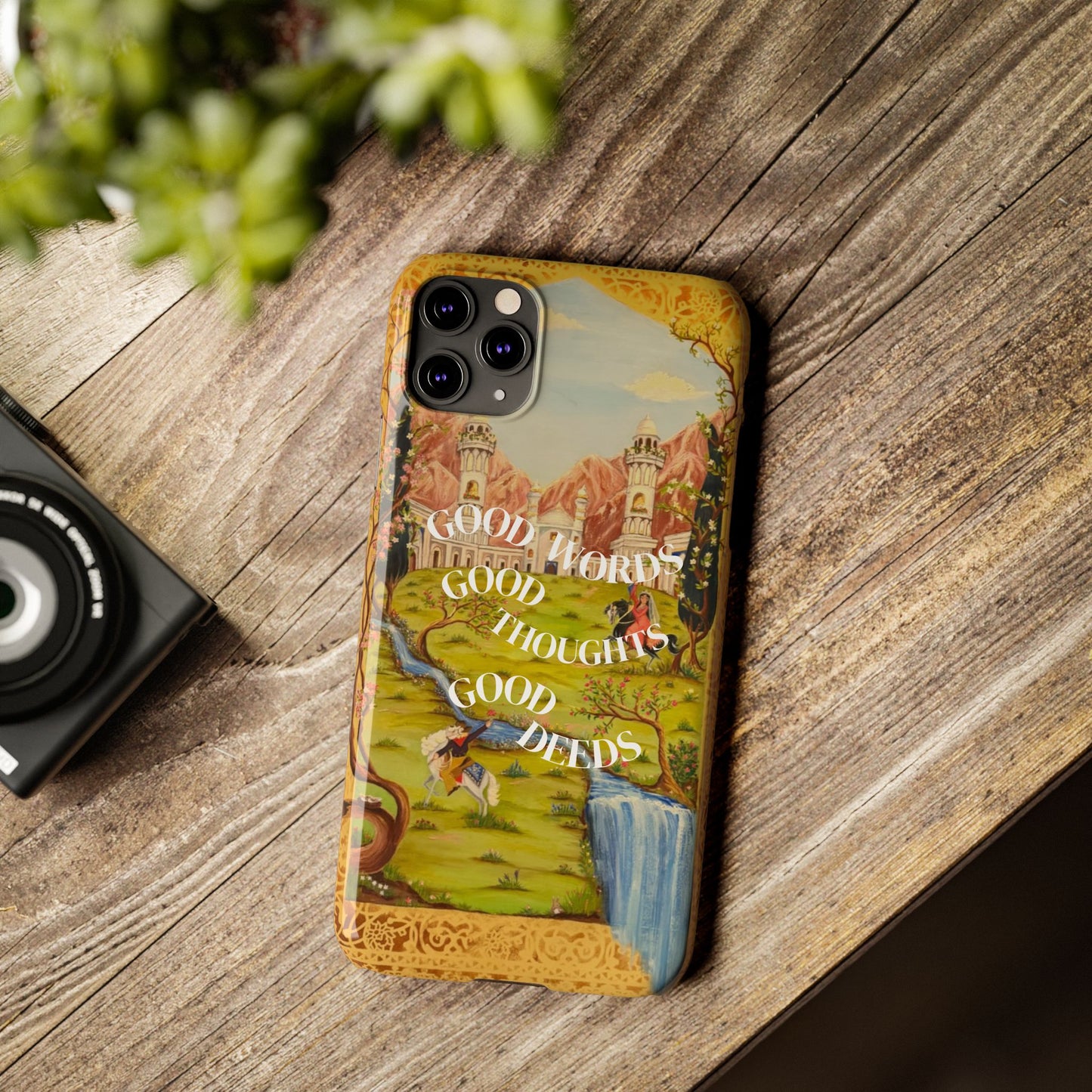 Slim Phone Case — Vintage Nature Scene with "Good Words, Good Thoughts, Good Deeds"
