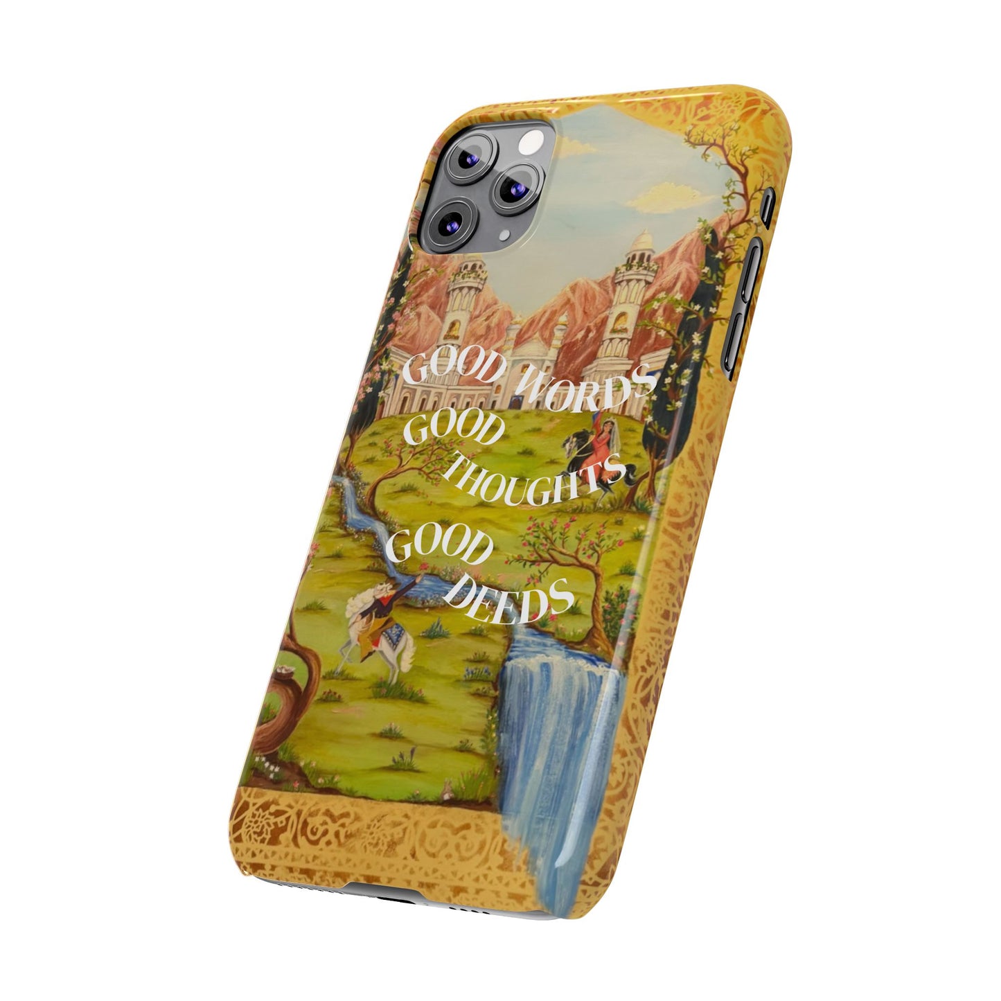 Slim Phone Case — Vintage Nature Scene with "Good Words, Good Thoughts, Good Deeds"