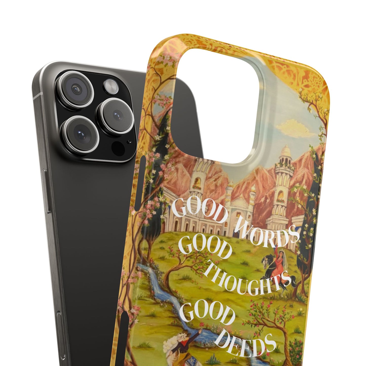 Slim Phone Case — Vintage Nature Scene with "Good Words, Good Thoughts, Good Deeds"