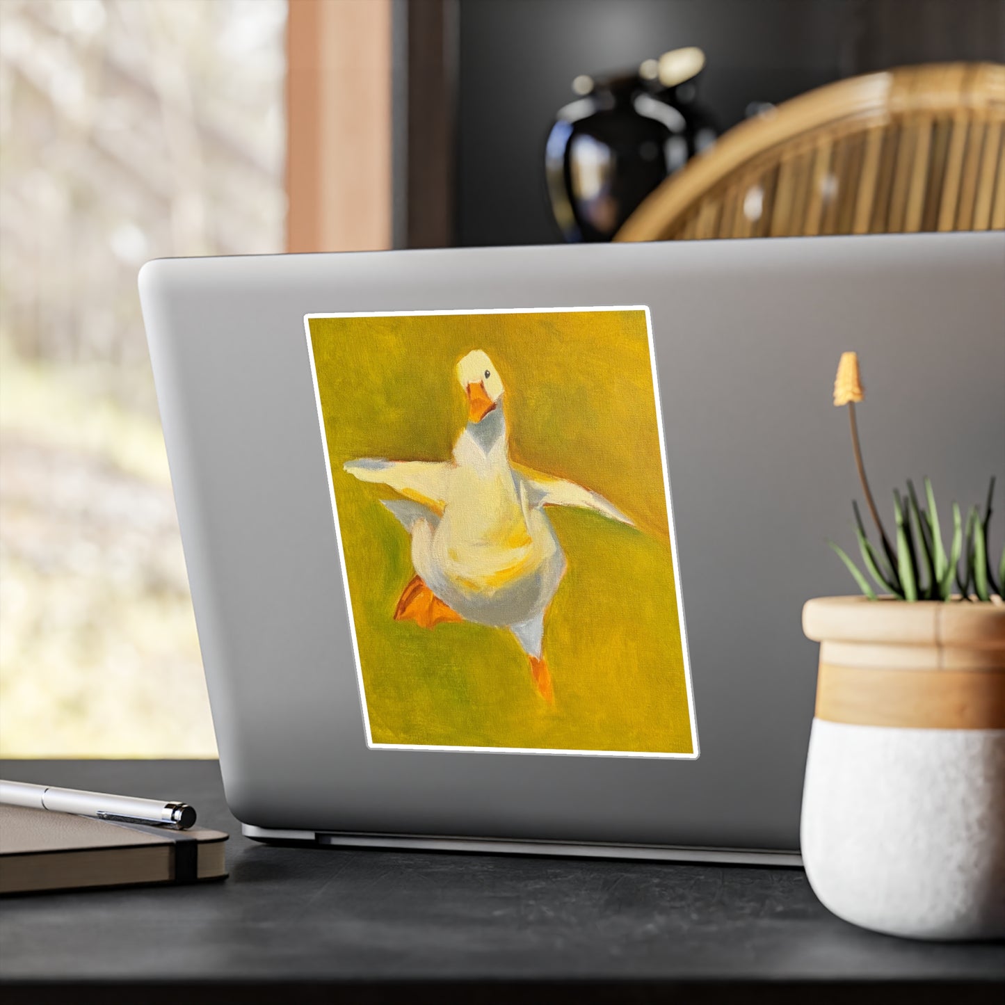 Dancing Goose Kiss-Cut Vinyl Decal — Playful White Duck Sticker for Laptops, Windows & Water Bottles