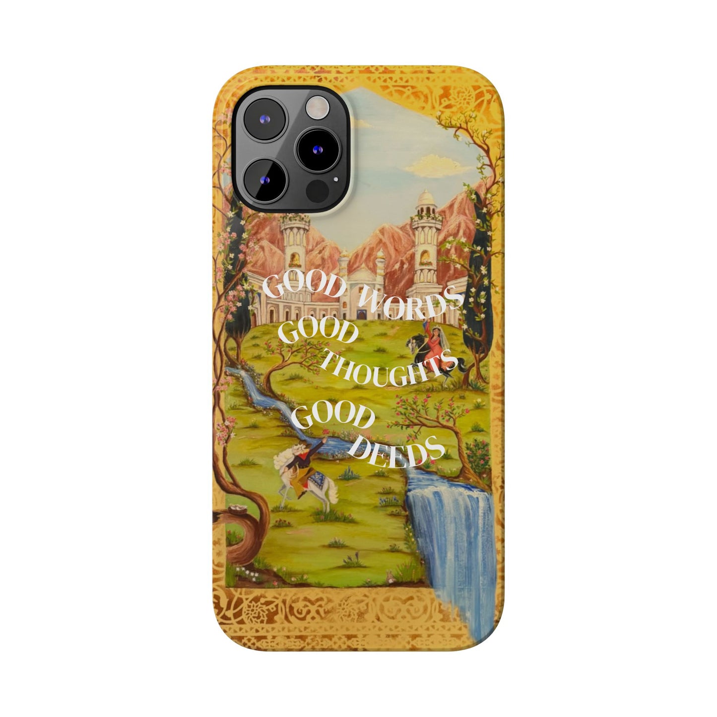 Slim Phone Case — Vintage Nature Scene with "Good Words, Good Thoughts, Good Deeds"