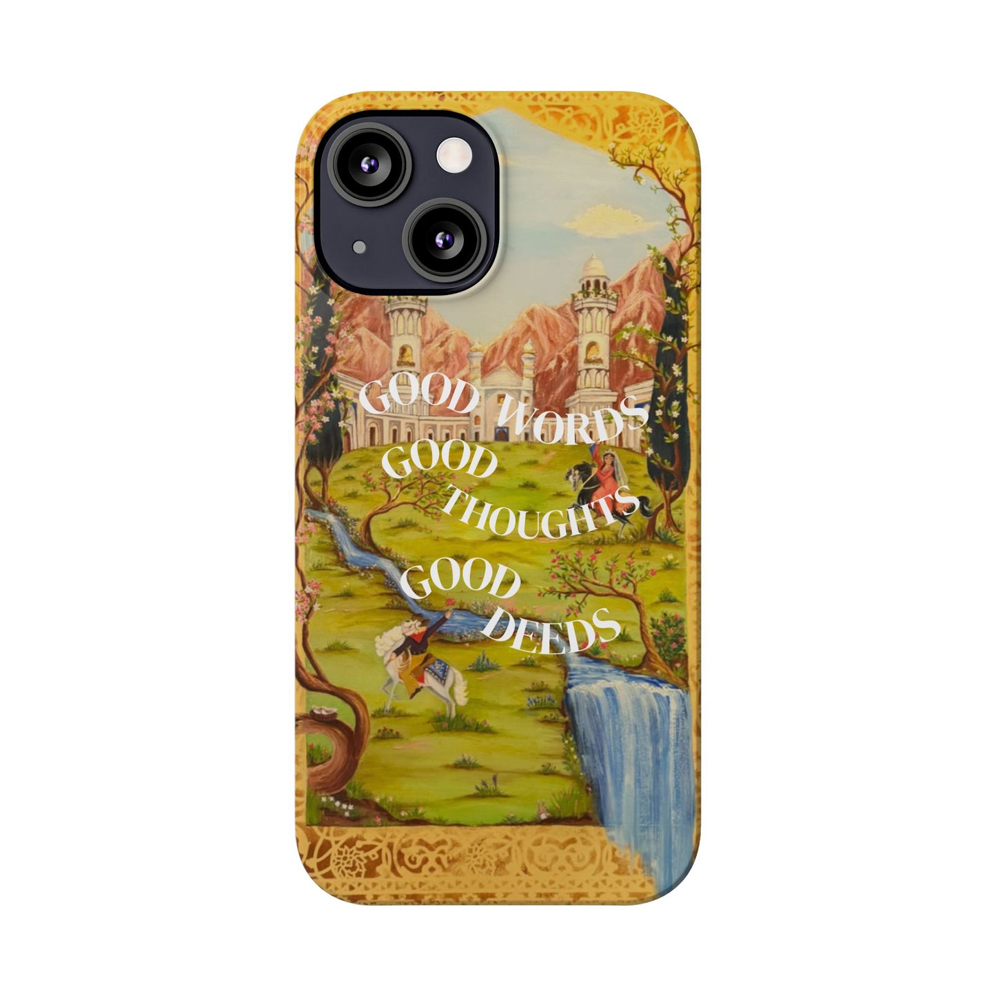 Slim Phone Case — Vintage Nature Scene with "Good Words, Good Thoughts, Good Deeds"