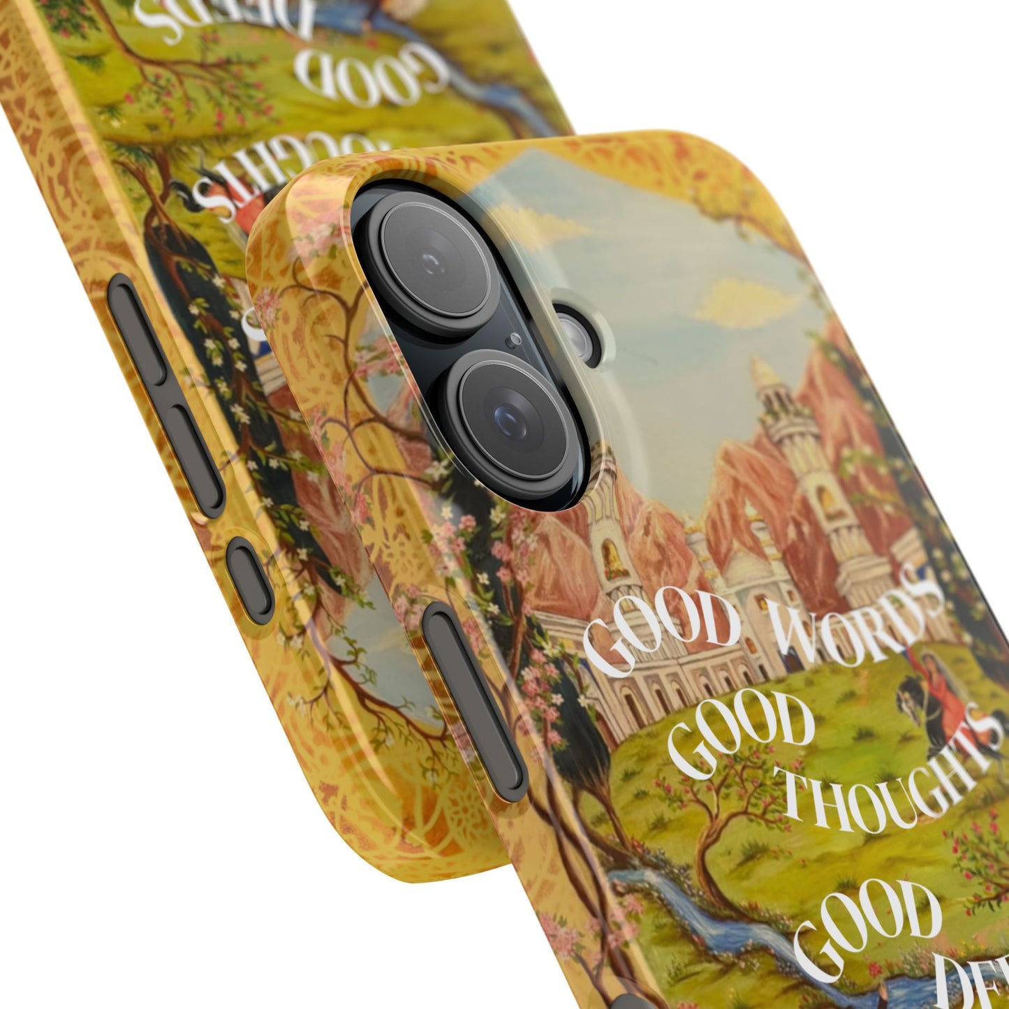 Slim Phone Case — Vintage Nature Scene with "Good Words, Good Thoughts, Good Deeds"