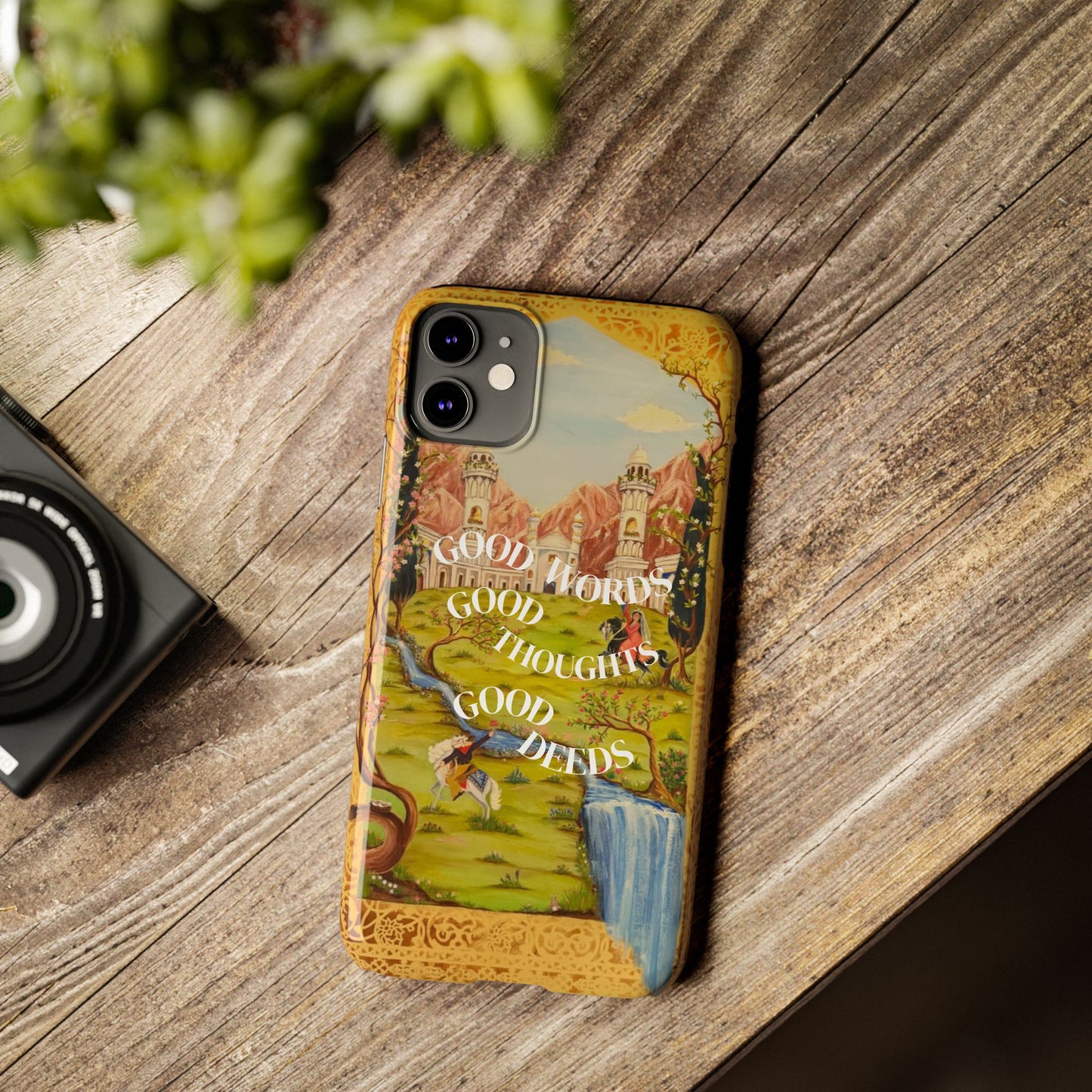 Slim Phone Case — Vintage Nature Scene with "Good Words, Good Thoughts, Good Deeds"