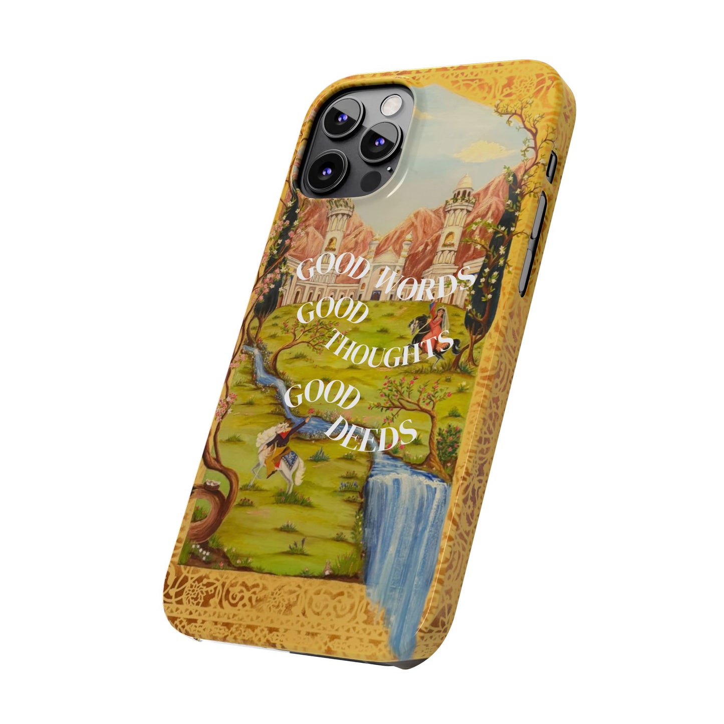 Slim Phone Case — Vintage Nature Scene with "Good Words, Good Thoughts, Good Deeds"