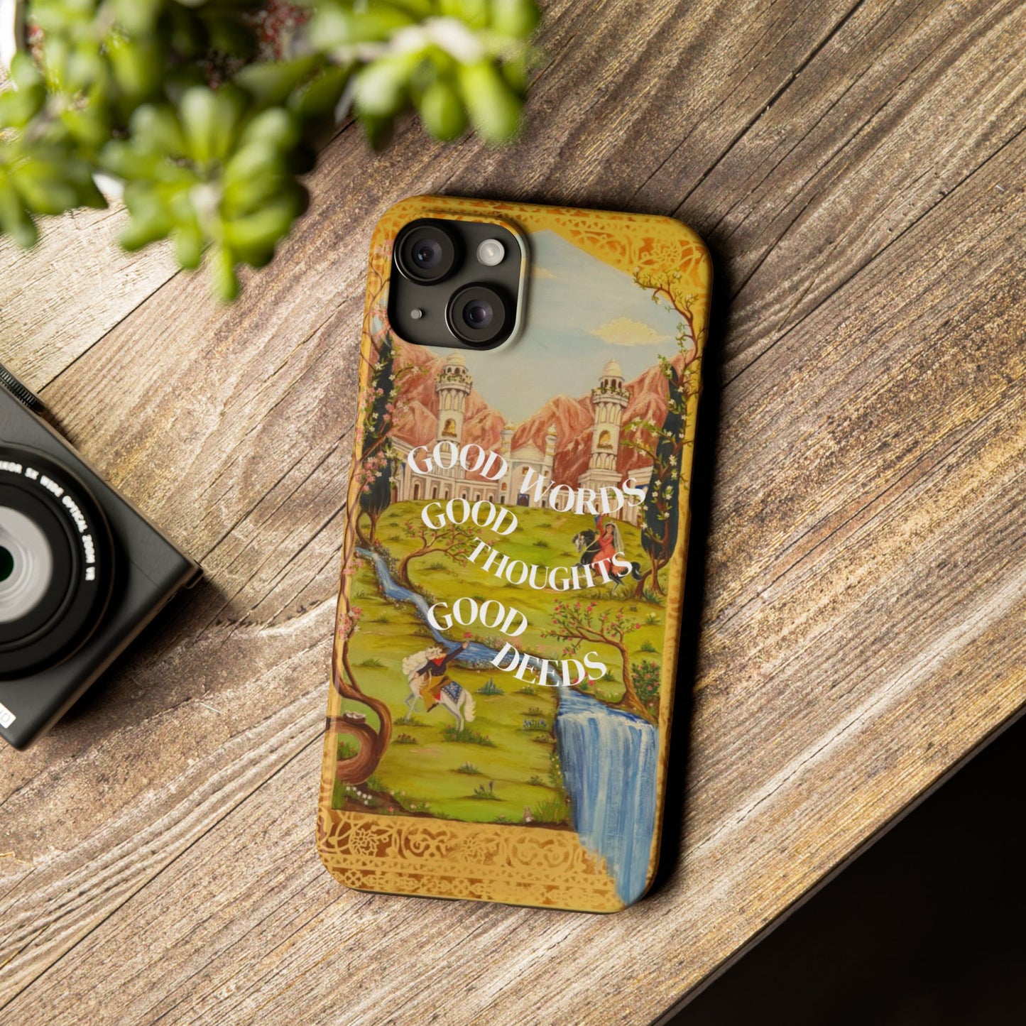 Slim Phone Case — Vintage Nature Scene with "Good Words, Good Thoughts, Good Deeds"