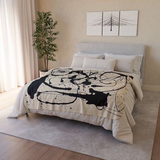Abstract Ink Splash Sherpa Blanket — Modern Black & Cream Fleece Throw
