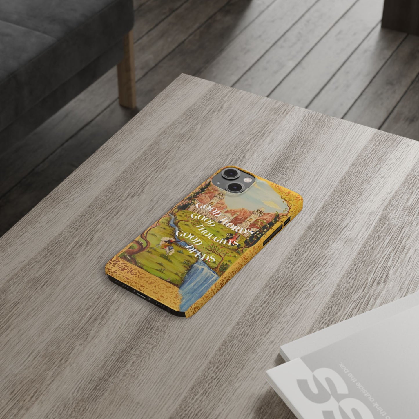 Slim Phone Case — Vintage Nature Scene with "Good Words, Good Thoughts, Good Deeds"