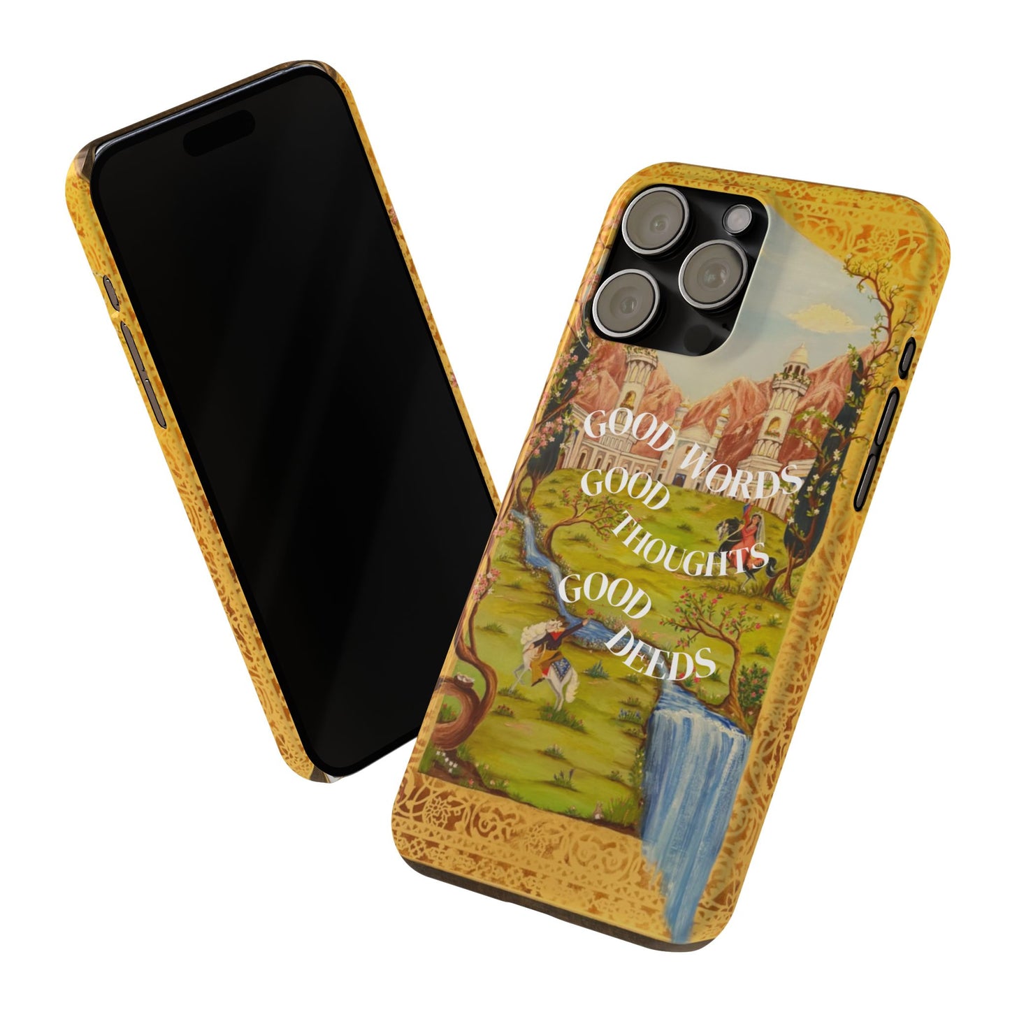 Slim Phone Case — Vintage Nature Scene with "Good Words, Good Thoughts, Good Deeds"