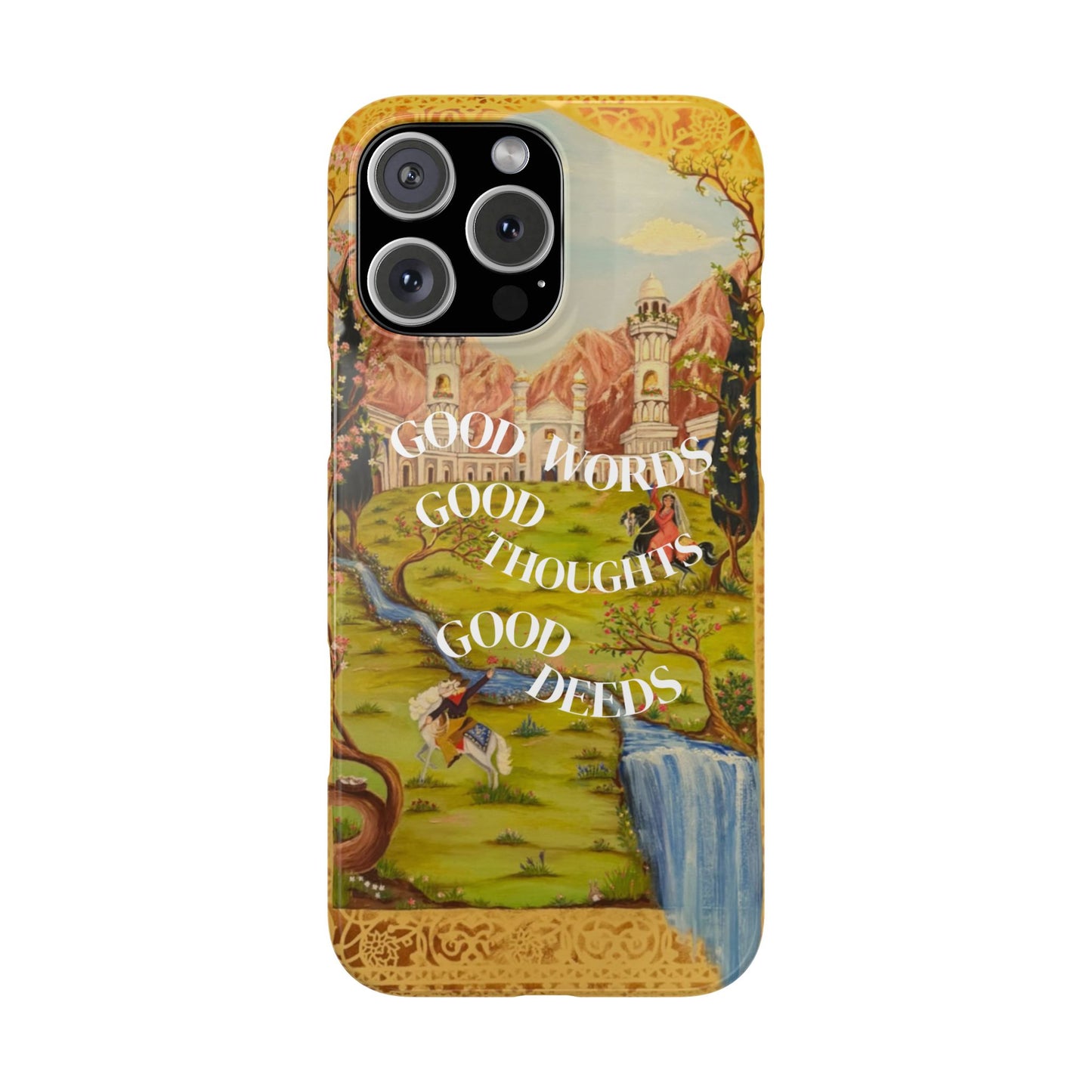 Slim Phone Case — Vintage Nature Scene with "Good Words, Good Thoughts, Good Deeds"