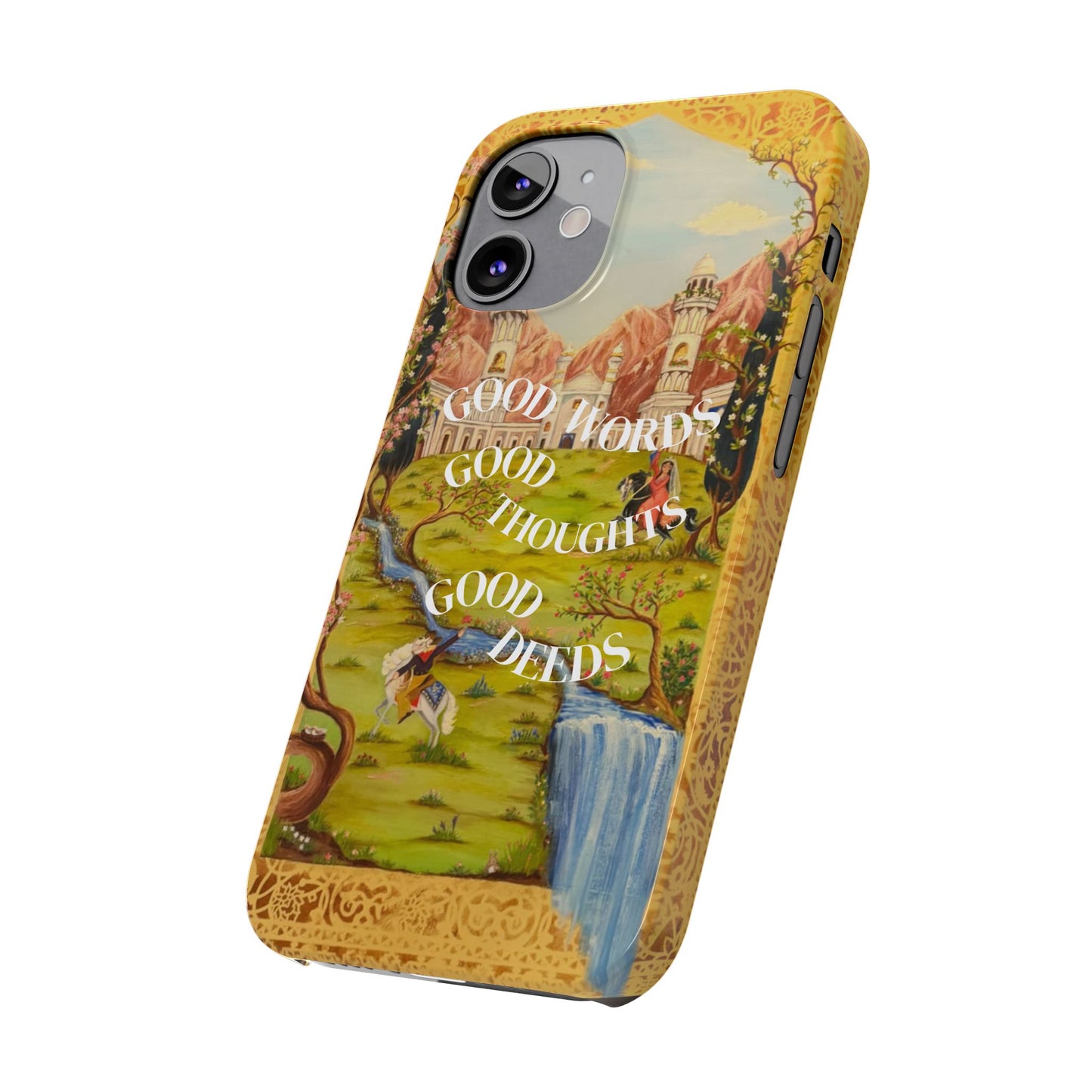 Slim Phone Case — Vintage Nature Scene with "Good Words, Good Thoughts, Good Deeds"