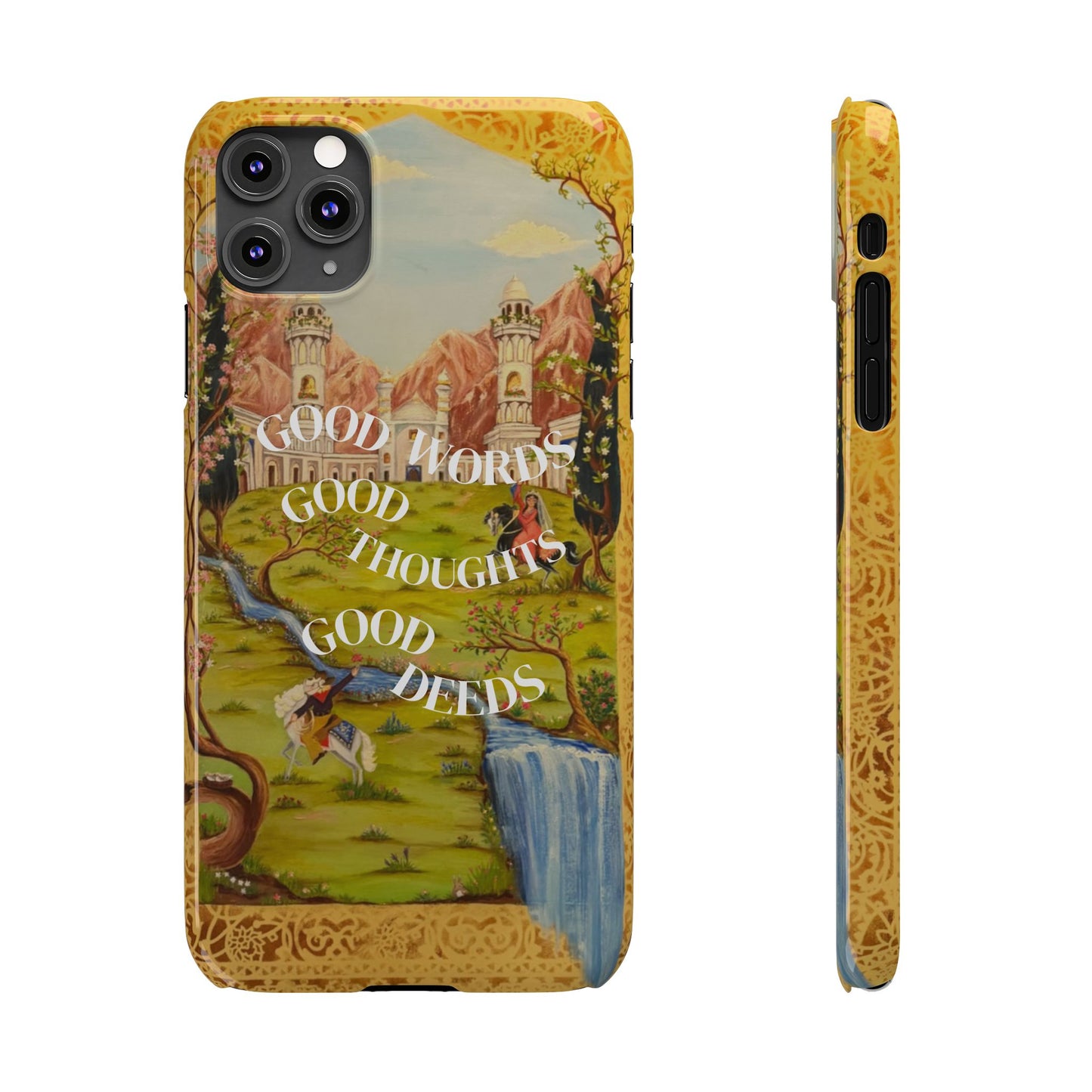 Slim Phone Case — Vintage Nature Scene with "Good Words, Good Thoughts, Good Deeds"