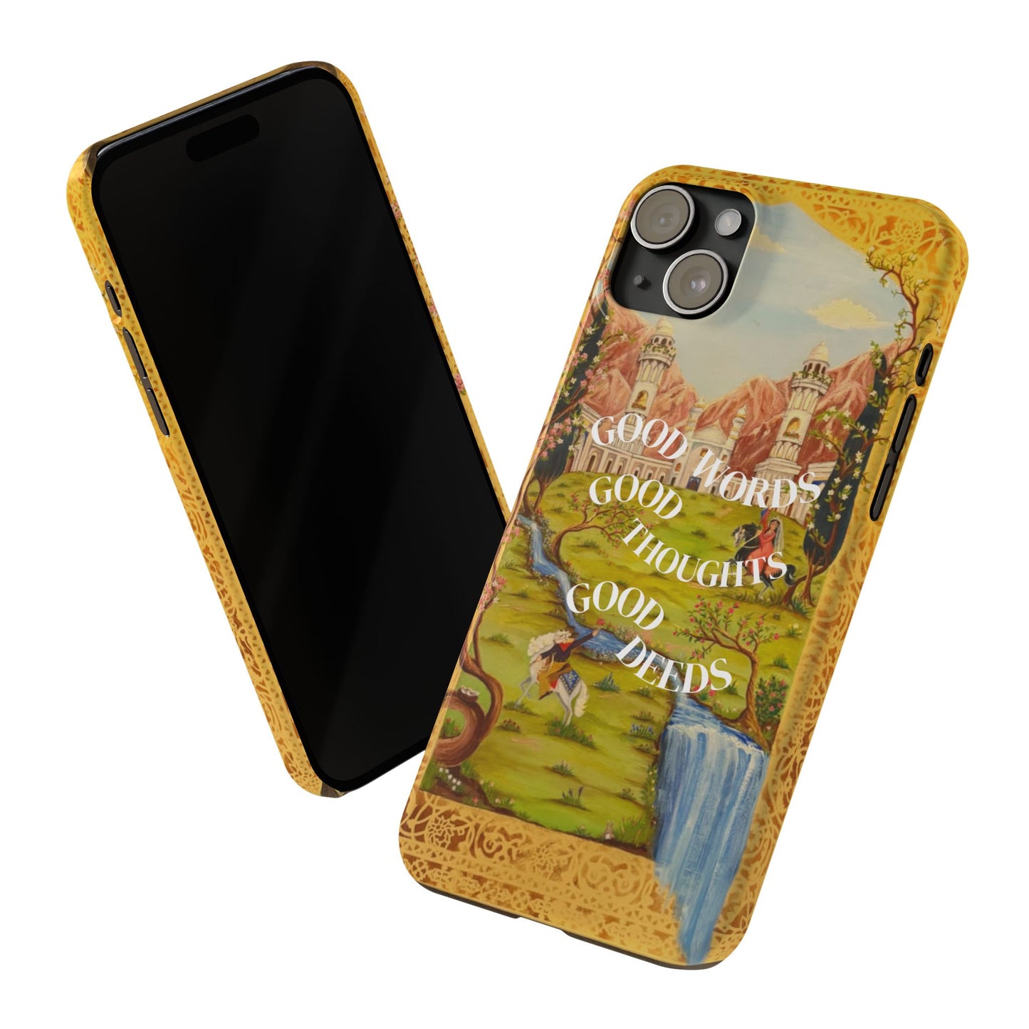 Slim Phone Case — Vintage Nature Scene with "Good Words, Good Thoughts, Good Deeds"