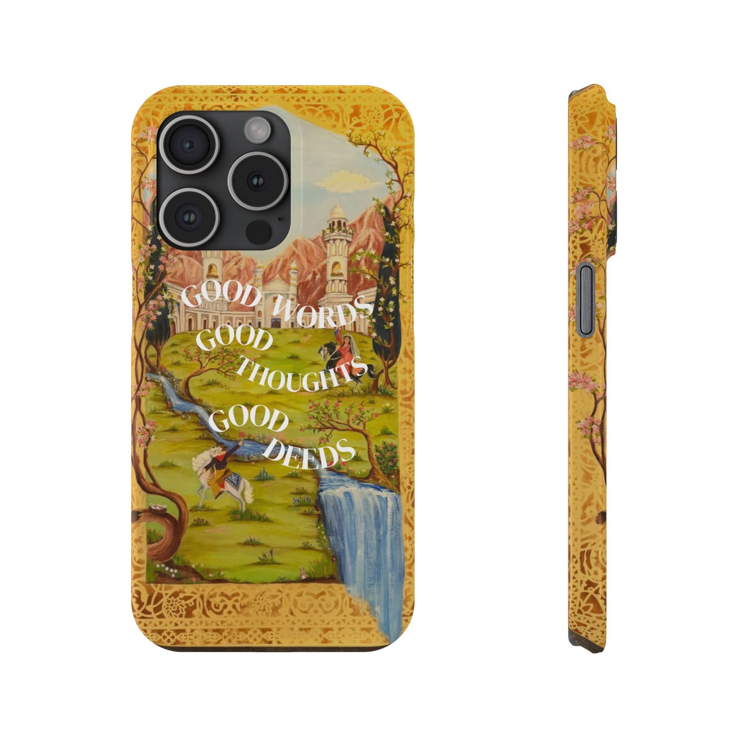 Slim Phone Case — Vintage Nature Scene with "Good Words, Good Thoughts, Good Deeds"