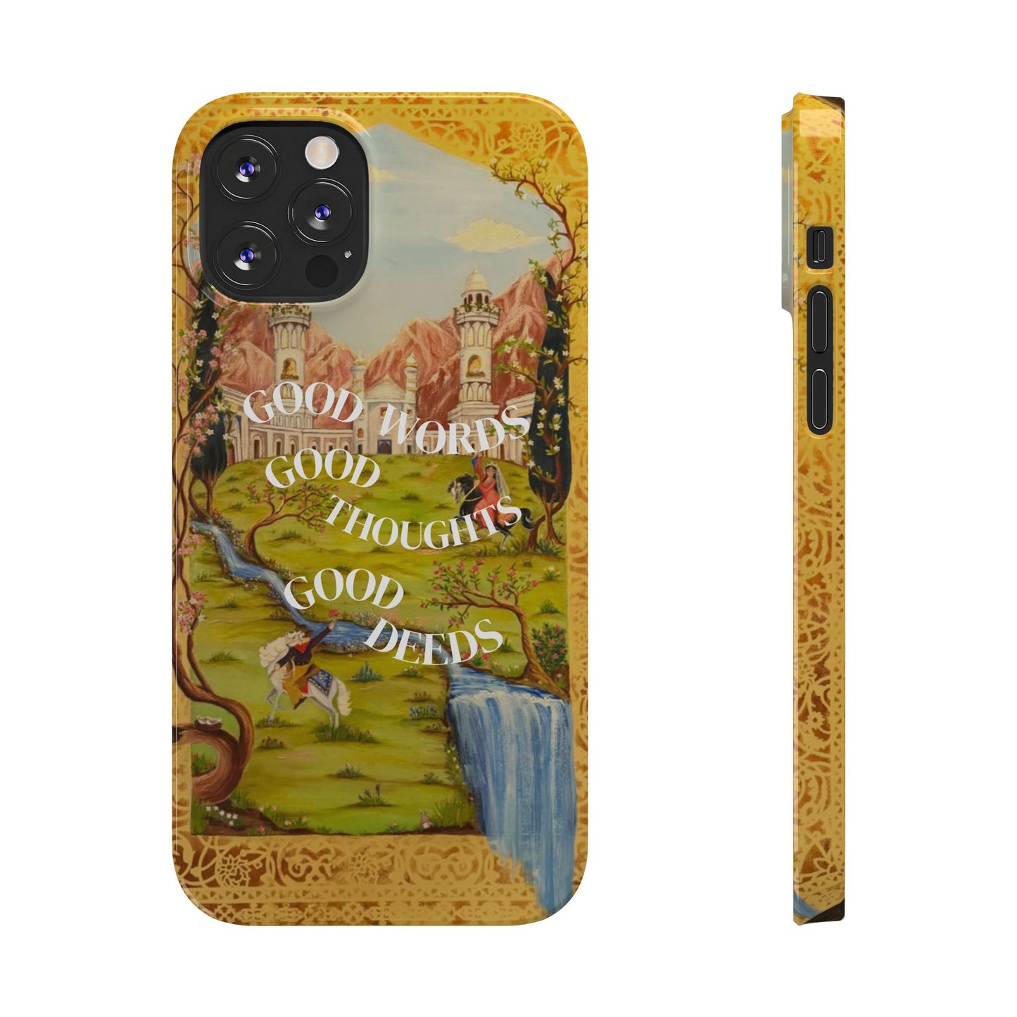 Slim Phone Case — Vintage Nature Scene with "Good Words, Good Thoughts, Good Deeds"