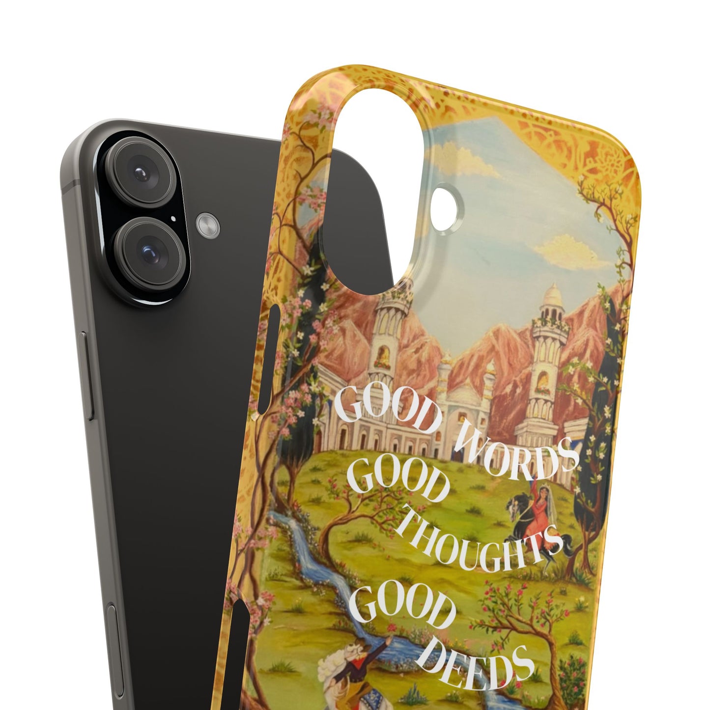 Slim Phone Case — Vintage Nature Scene with "Good Words, Good Thoughts, Good Deeds"