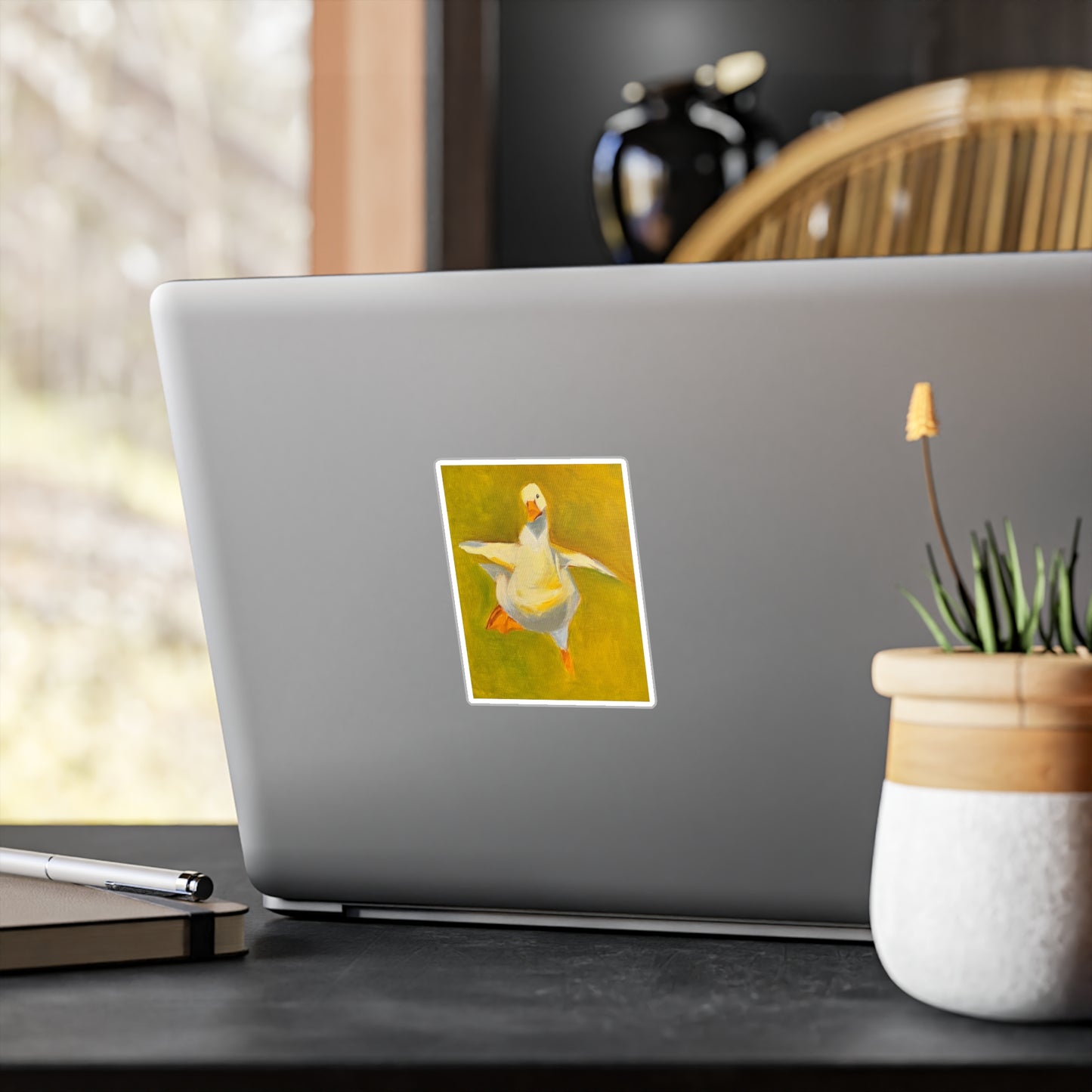 Dancing Goose Kiss-Cut Vinyl Decal — Playful White Duck Sticker for Laptops, Windows & Water Bottles