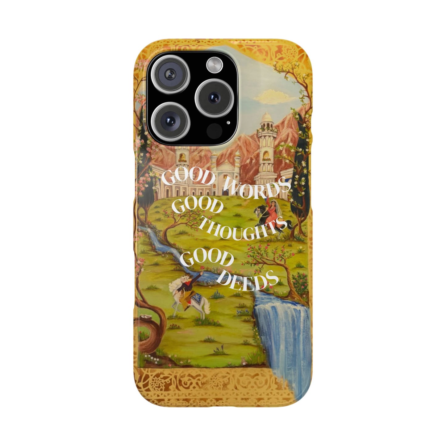 Slim Phone Case — Vintage Nature Scene with "Good Words, Good Thoughts, Good Deeds"