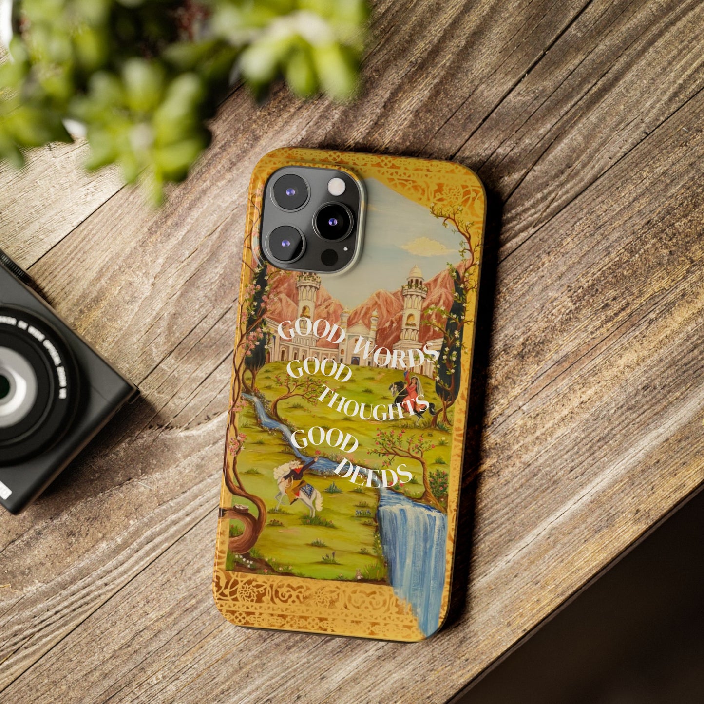 Slim Phone Case — Vintage Nature Scene with "Good Words, Good Thoughts, Good Deeds"