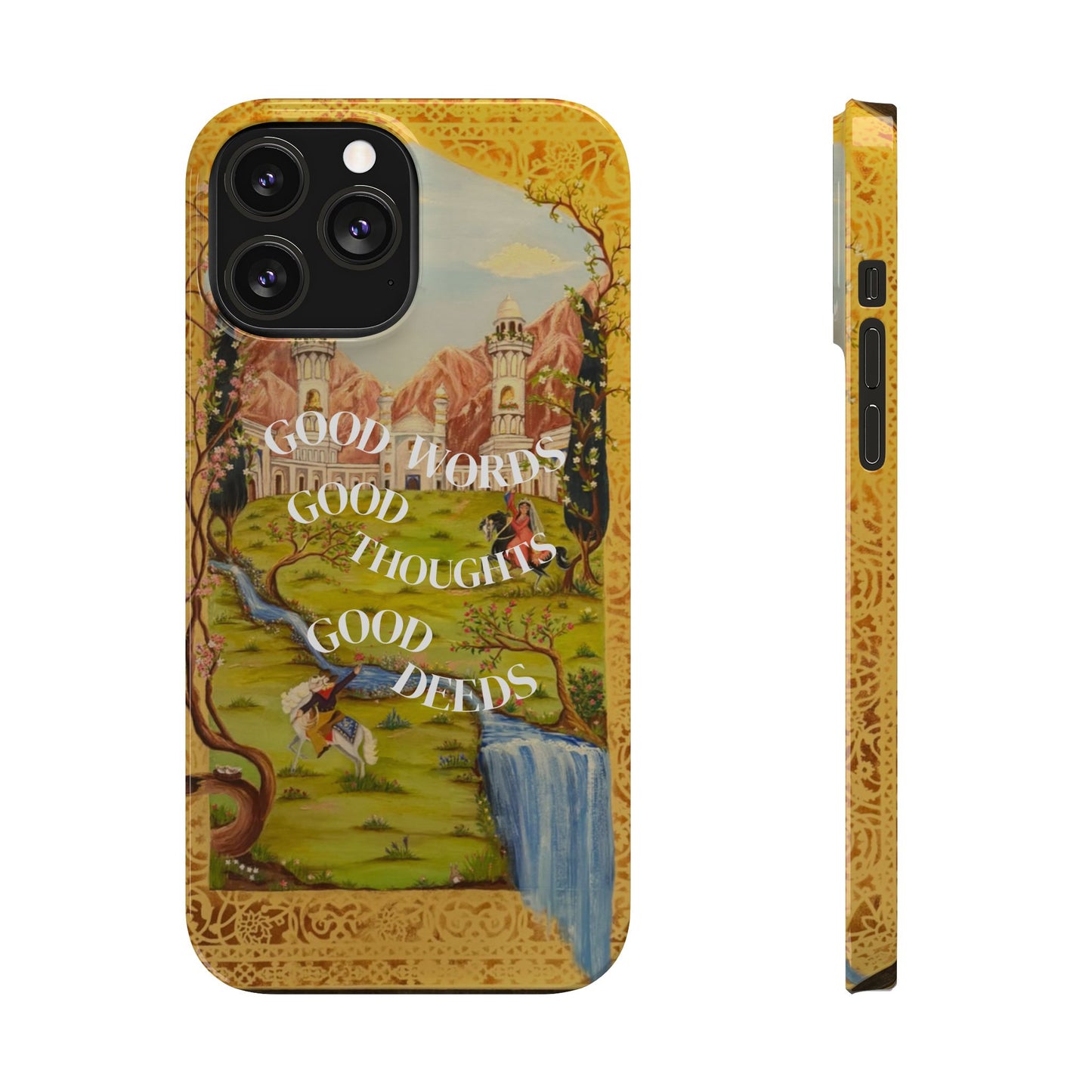 Slim Phone Case — Vintage Nature Scene with "Good Words, Good Thoughts, Good Deeds"