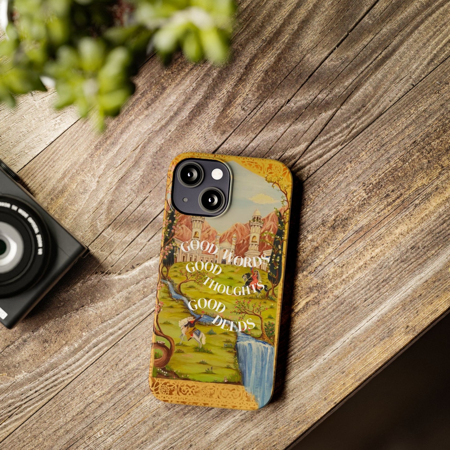 Slim Phone Case — Vintage Nature Scene with "Good Words, Good Thoughts, Good Deeds"