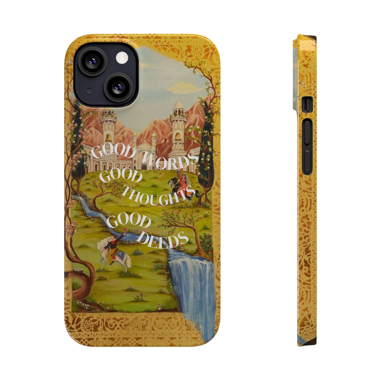 Slim Phone Case — Vintage Nature Scene with "Good Words, Good Thoughts, Good Deeds"