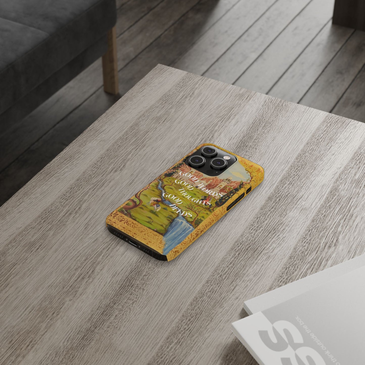 Slim Phone Case — Vintage Nature Scene with "Good Words, Good Thoughts, Good Deeds"