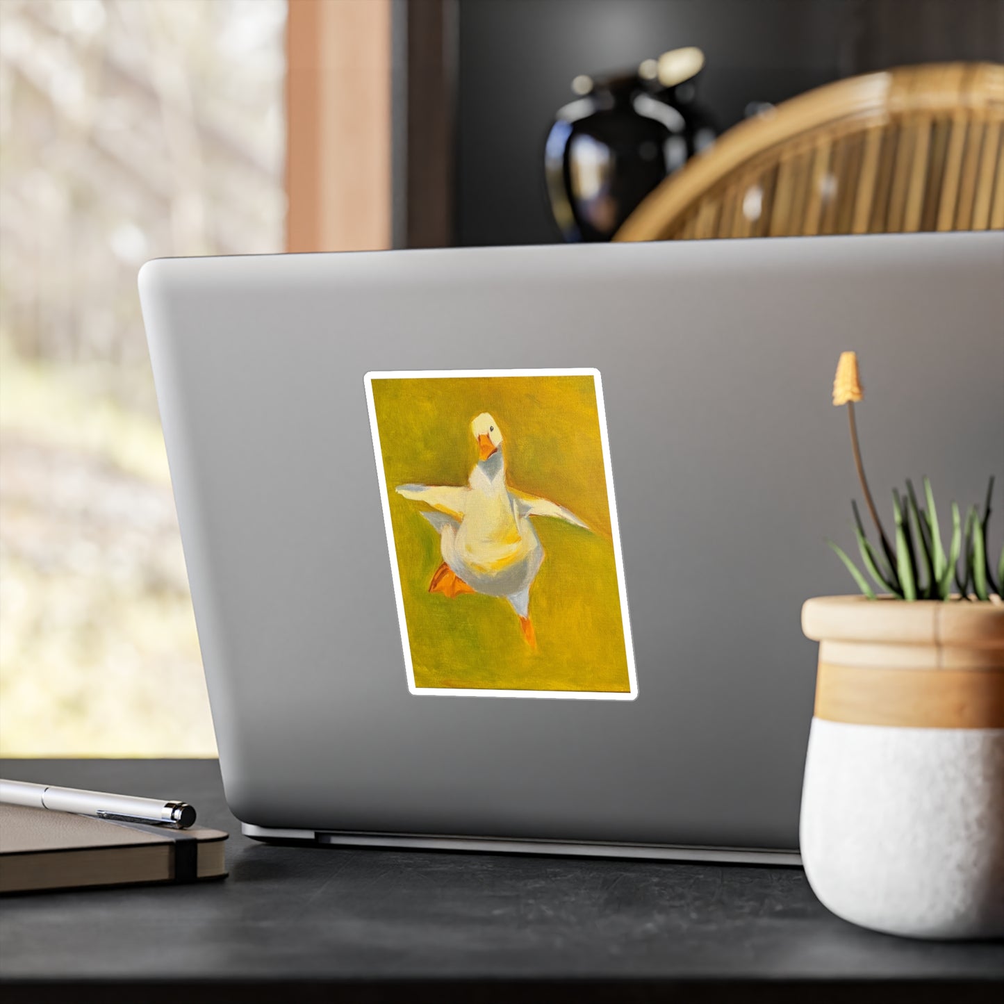 Dancing Goose Kiss-Cut Vinyl Decal — Playful White Duck Sticker for Laptops, Windows & Water Bottles