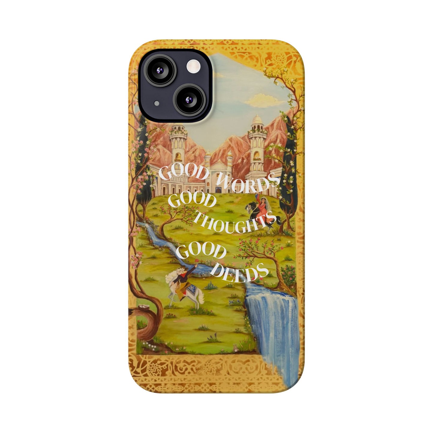 Slim Phone Case — Vintage Nature Scene with "Good Words, Good Thoughts, Good Deeds"