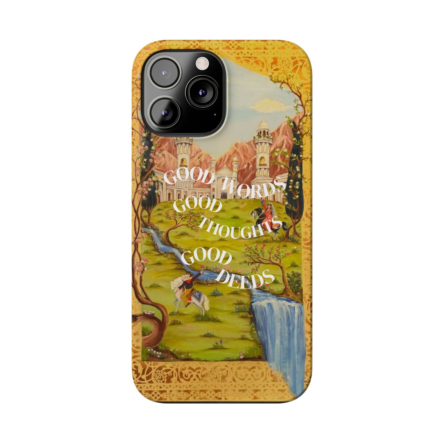 Slim Phone Case — Vintage Nature Scene with "Good Words, Good Thoughts, Good Deeds"