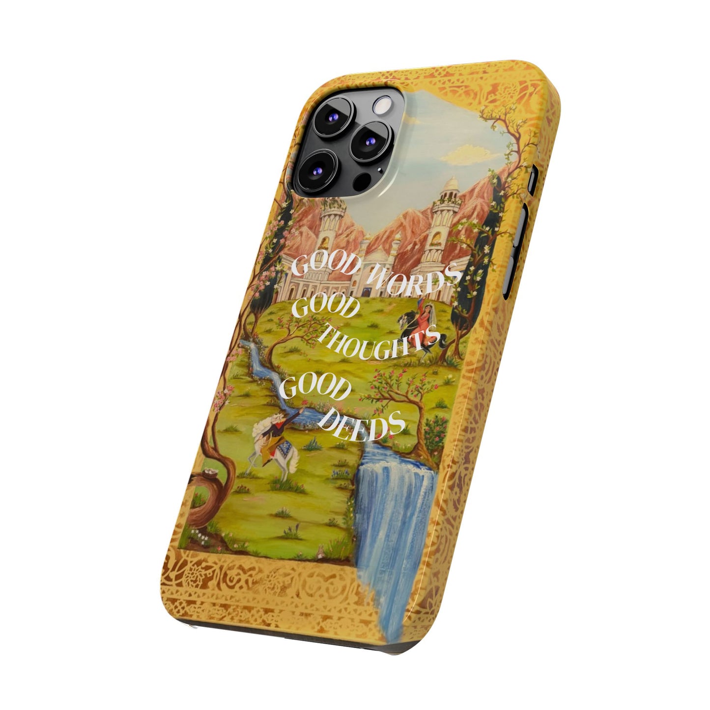 Slim Phone Case — Vintage Nature Scene with "Good Words, Good Thoughts, Good Deeds"