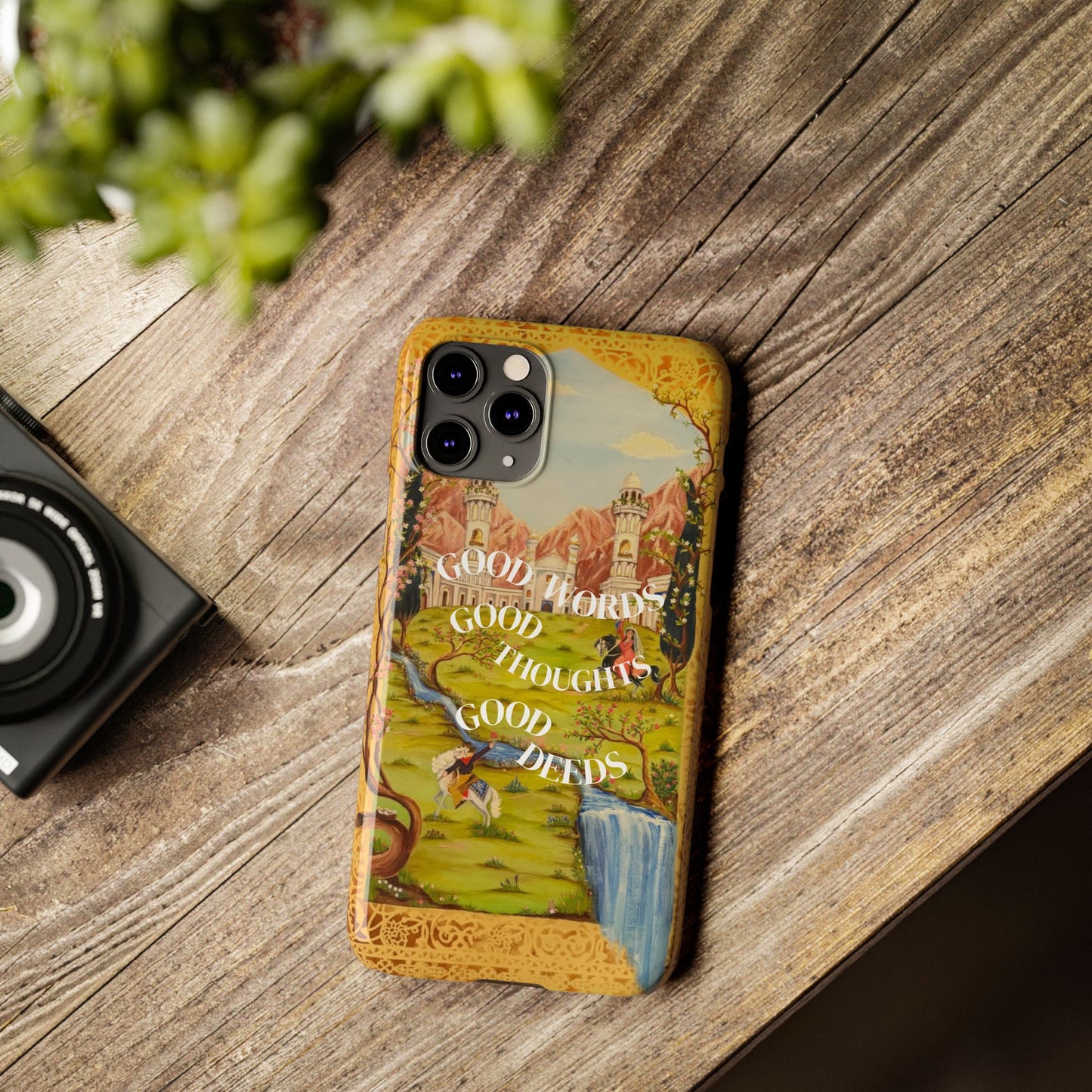 Slim Phone Case — Vintage Nature Scene with "Good Words, Good Thoughts, Good Deeds"