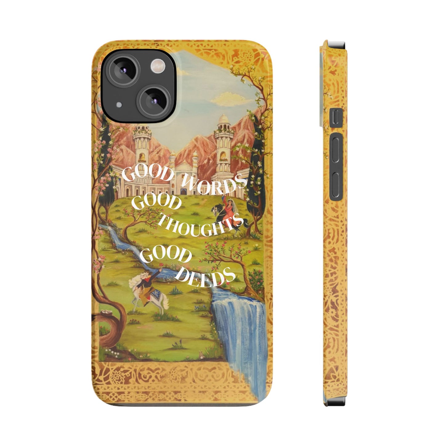 Slim Phone Case — Vintage Nature Scene with "Good Words, Good Thoughts, Good Deeds"