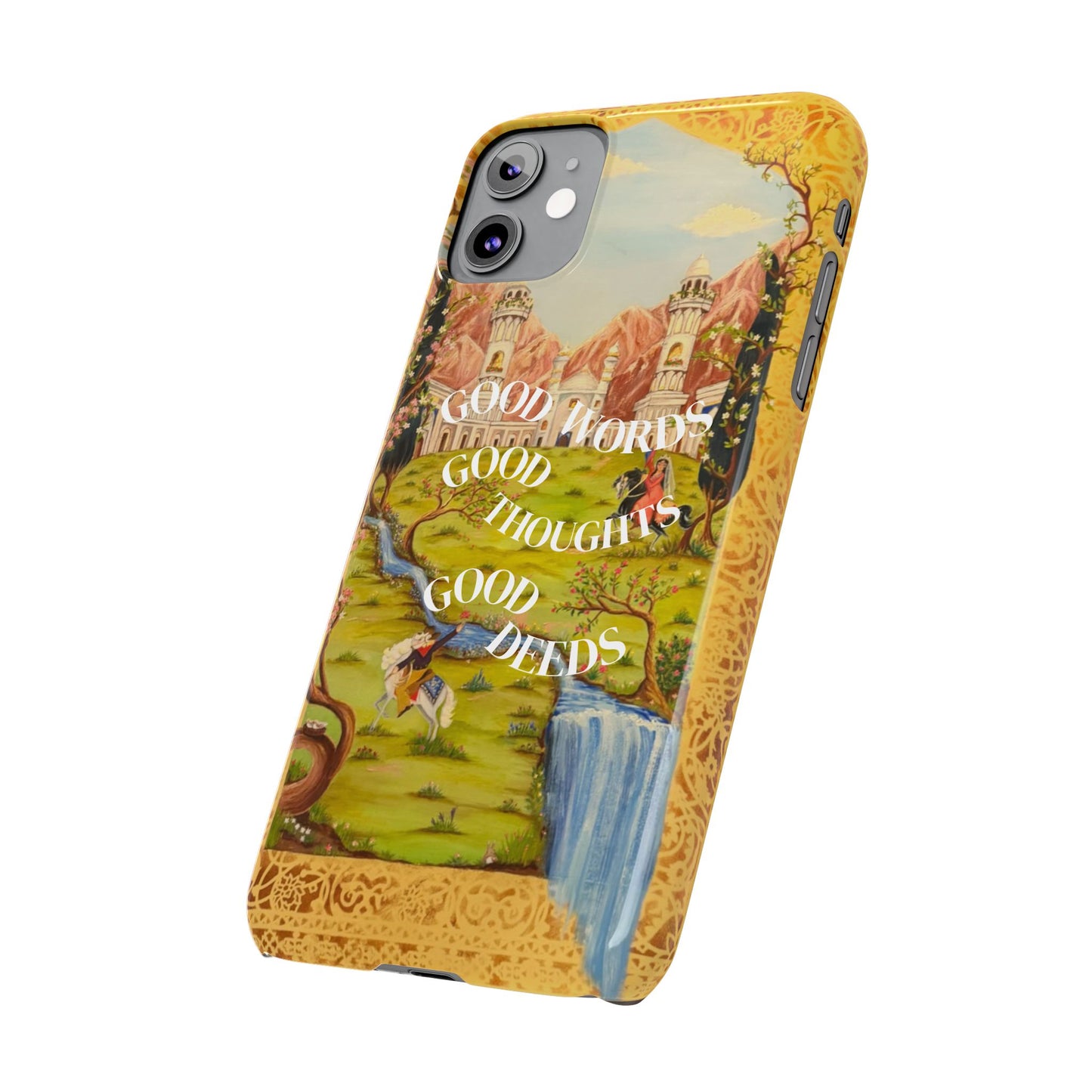 Slim Phone Case — Vintage Nature Scene with "Good Words, Good Thoughts, Good Deeds"