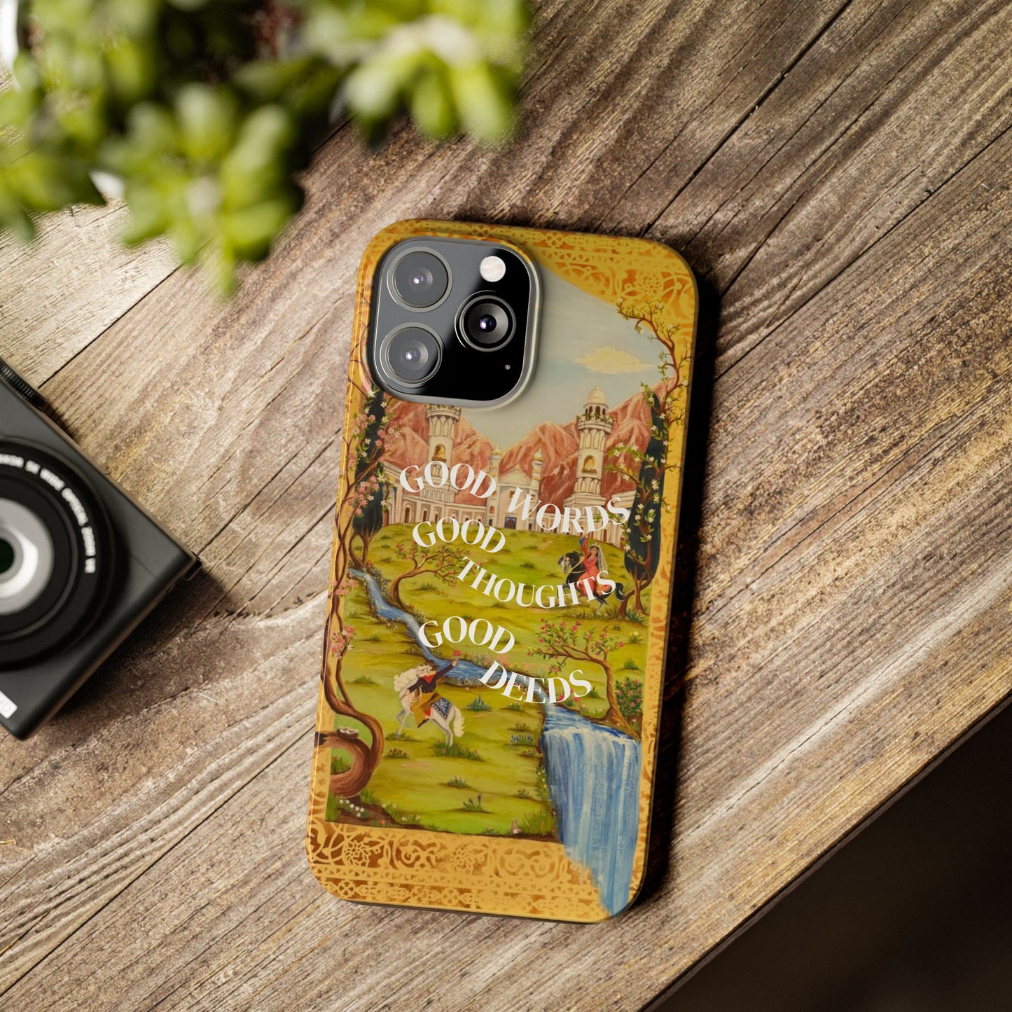 Slim Phone Case — Vintage Nature Scene with "Good Words, Good Thoughts, Good Deeds"