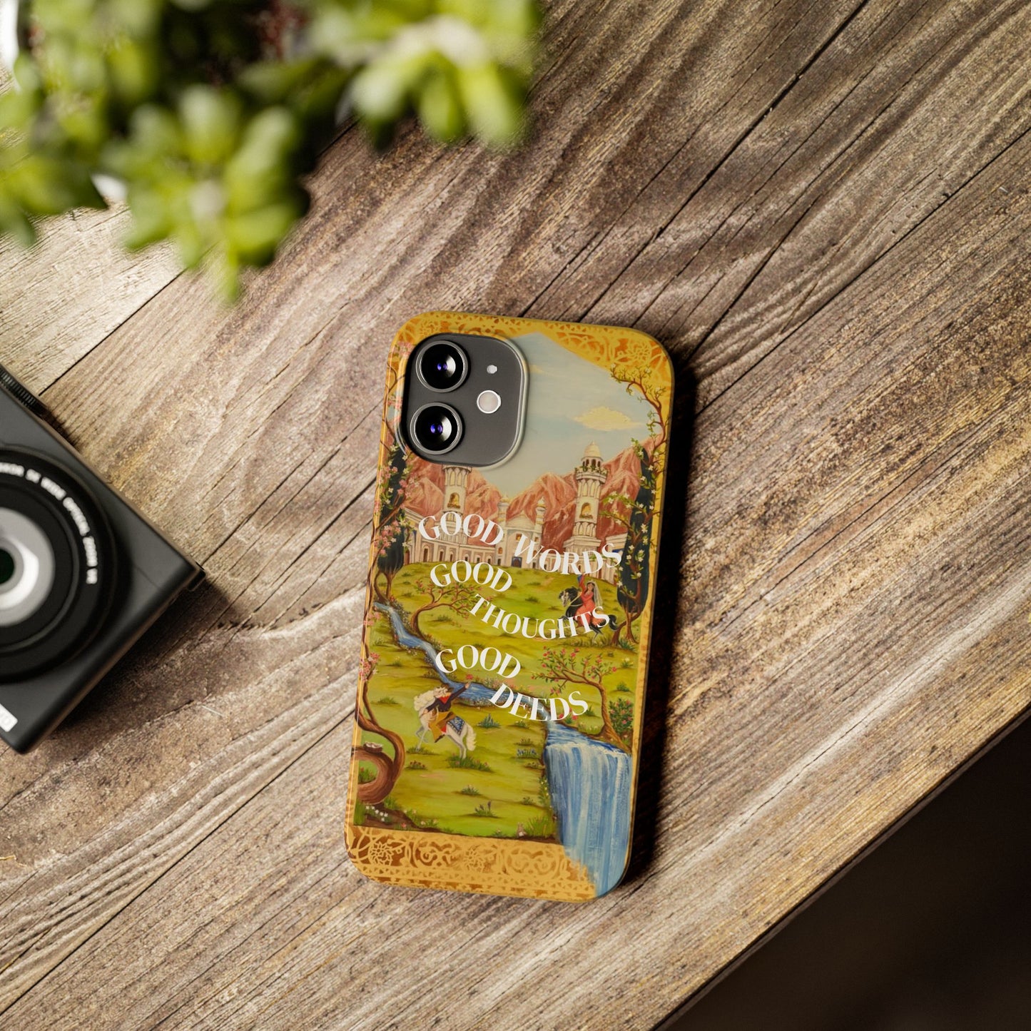 Slim Phone Case — Vintage Nature Scene with "Good Words, Good Thoughts, Good Deeds"