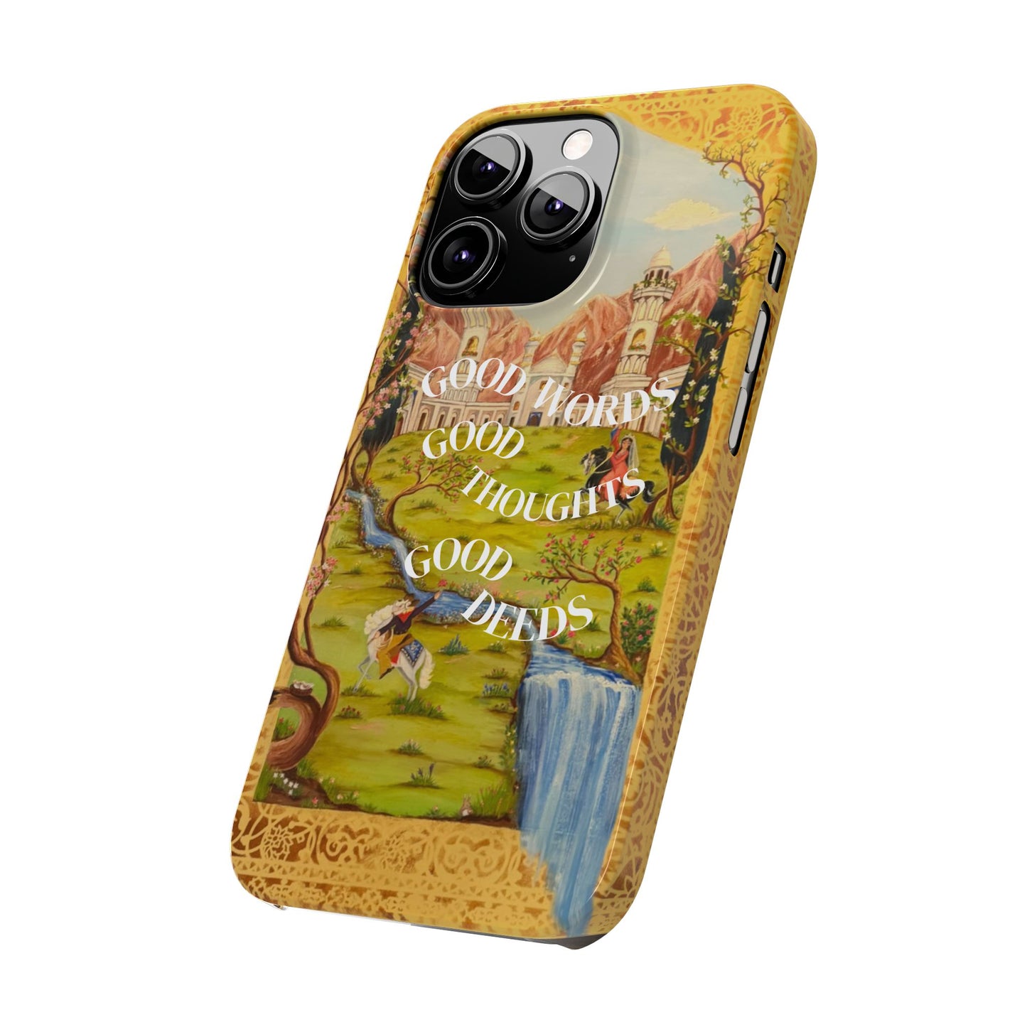 Slim Phone Case — Vintage Nature Scene with "Good Words, Good Thoughts, Good Deeds"